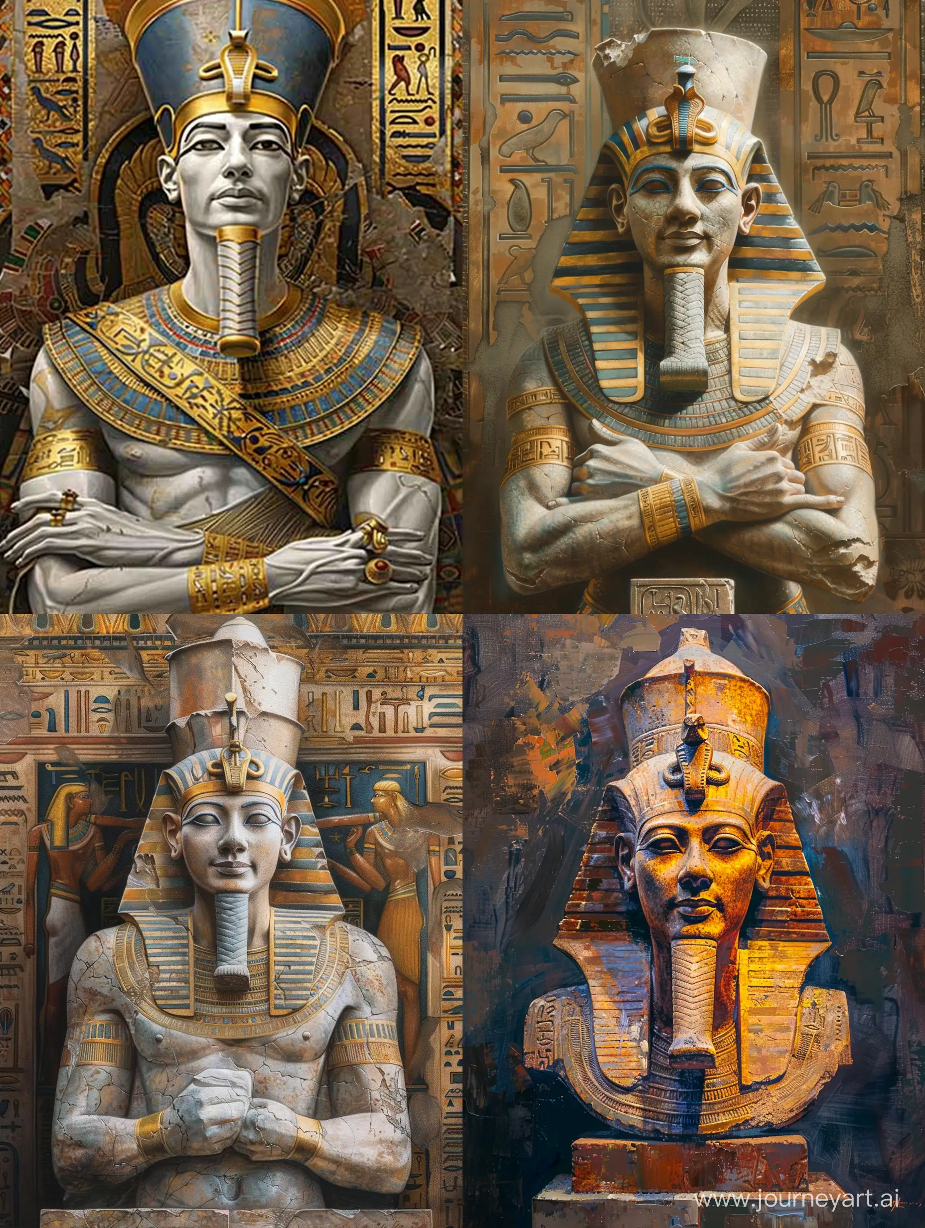 статуя древнеегипетский бог Осирис, золотые украшения, портрет по пояс, масляная живопись, детальная проработка, стилизация, высокое качество, атмосферно