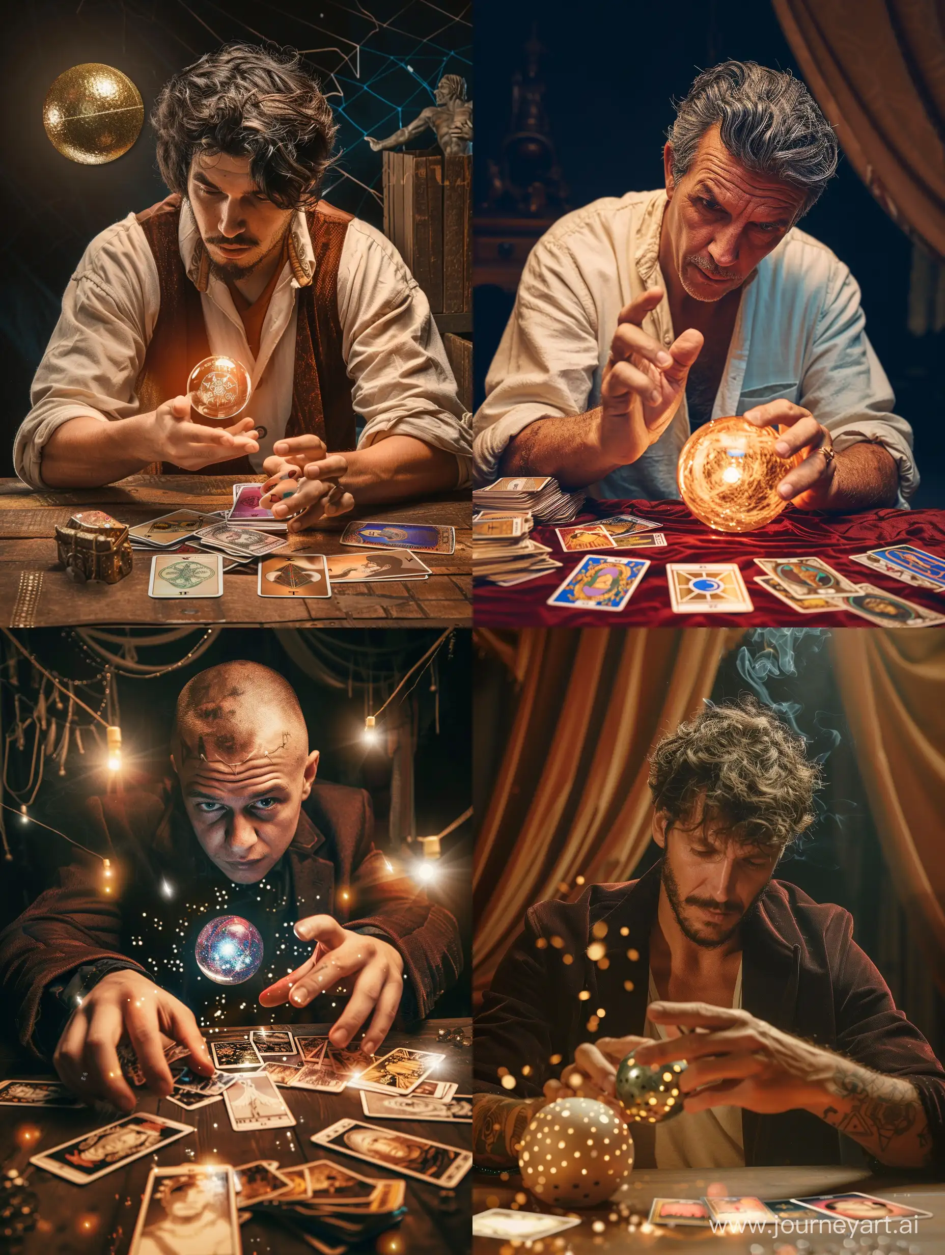 A man fortune-telling with a magic ball and tarot cards.finding thruth.
for instagram logo
