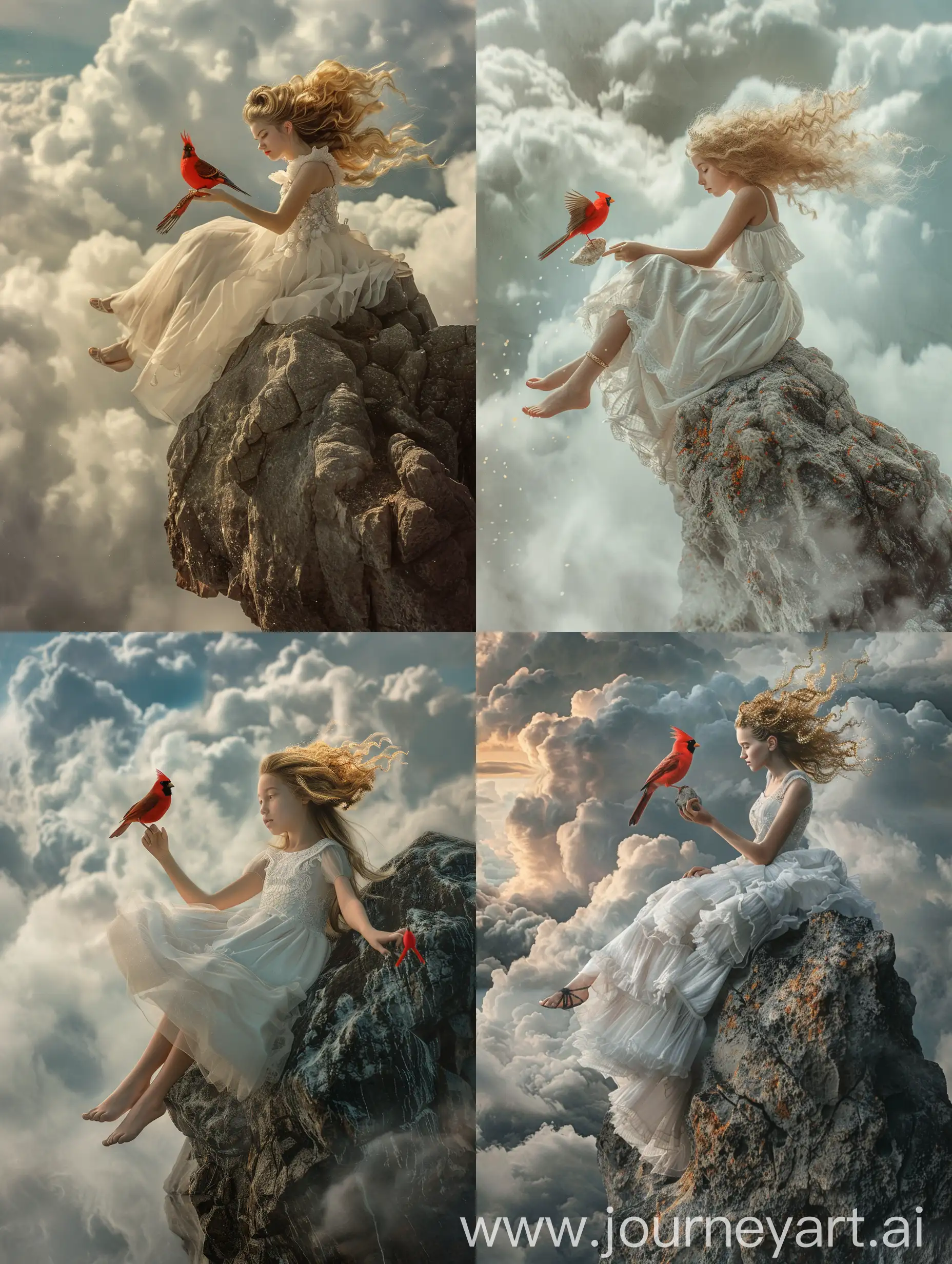 Enchanting-Girl-in-White-Fantasy-Dress-with-Red-Bird-on-Cloudy-Rock