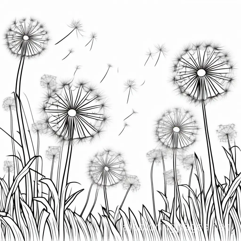 dandelion flowers and children, Coloring Page, black and white, line art, white background, Simplicity, Ample White Space. The background of the coloring page is plain white to make it easy for young children to color within the lines. The outlines of all the subjects are easy to distinguish, making it simple for kids to color without too much difficulty