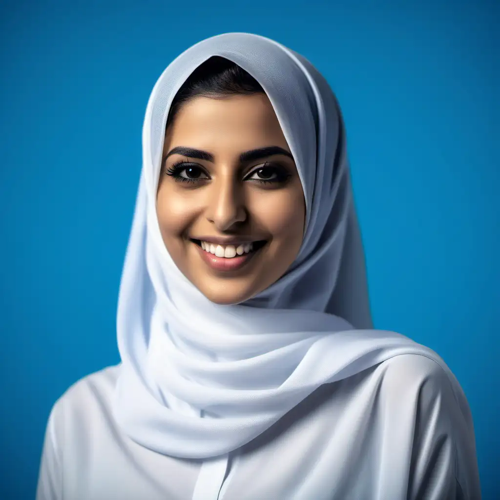 a saudi woman modern and young smiling and behind her a blue flared background