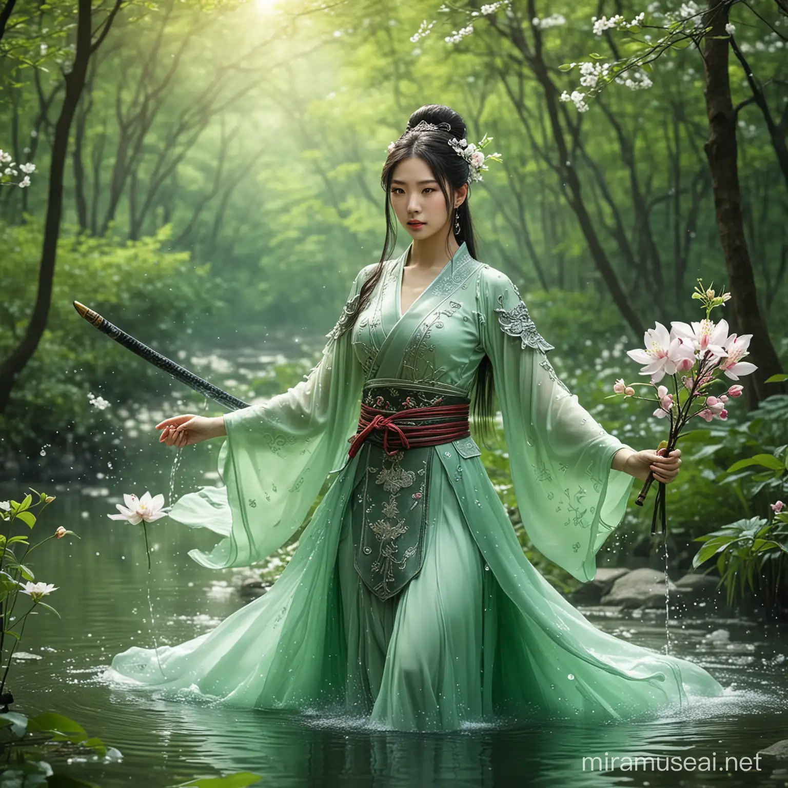 fairy tales, beautiful female china warrior, water spirit spring blossomed three and flowers   in green forest