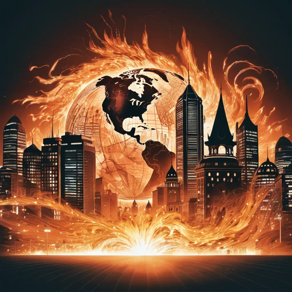 a global outline with a city scape showing an fierce wind of flames