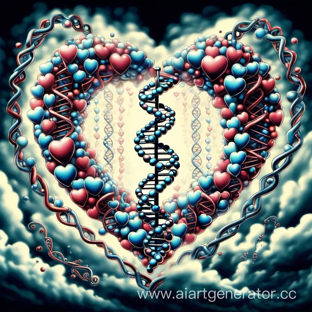Оформите художественное изображение в виде сердец, составленных из ДНК-спиралей и молекул, окруженных мистическими облаками феромонов. Постройте композицию так, чтобы она символизировала таинственное слияние науки и привлекательности.