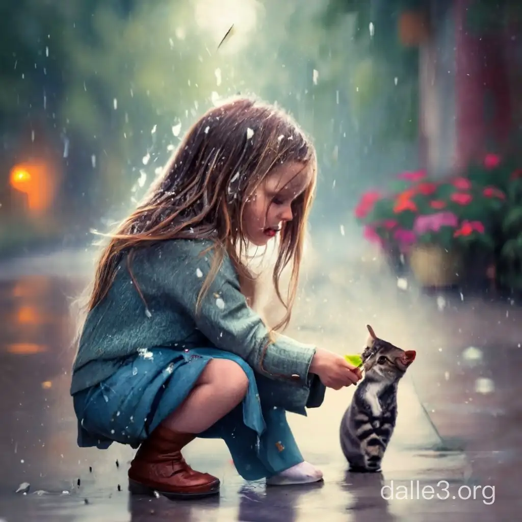 Picture of little girl feeding kitten on rain. Make it look natural 