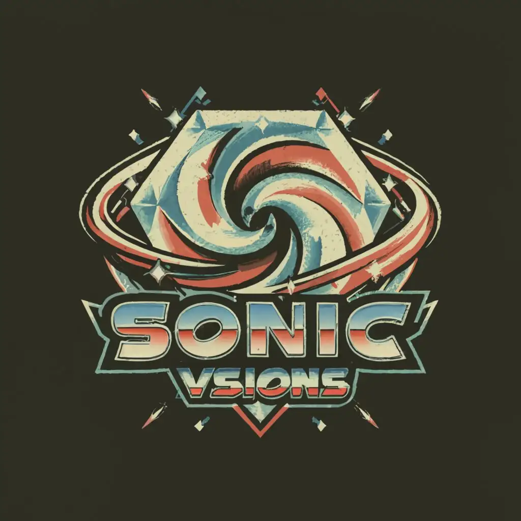 a logo design,with the text 'Sonic Visions', main symbol:logo text's "o" like diamond with a swirling black hole, sonic the hedgehog font,complex,be used in Entertainment industry,clear background