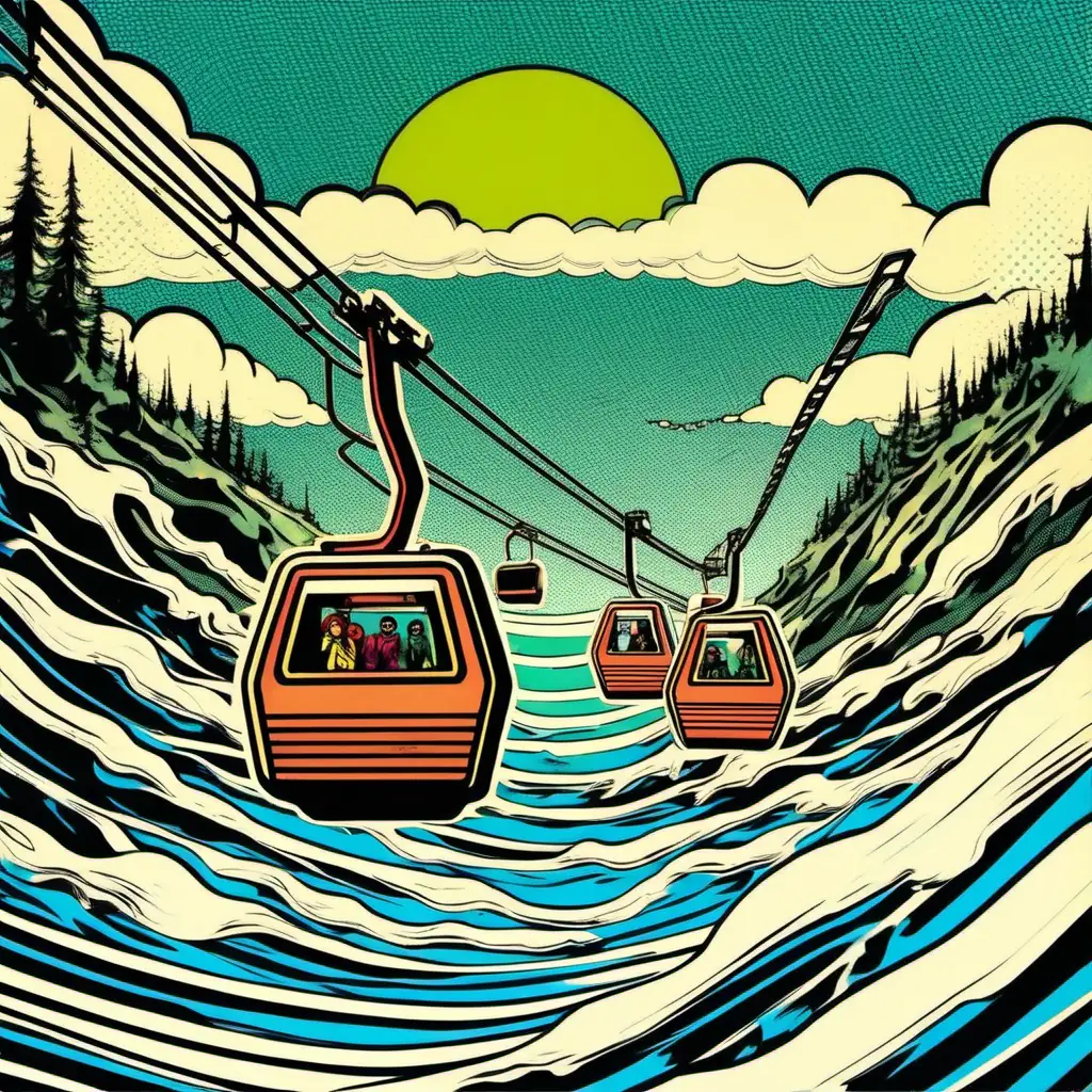 a ski lift in the ocean
[style: 1970s comic book]
[art influence: abstract psychedelic pop art]