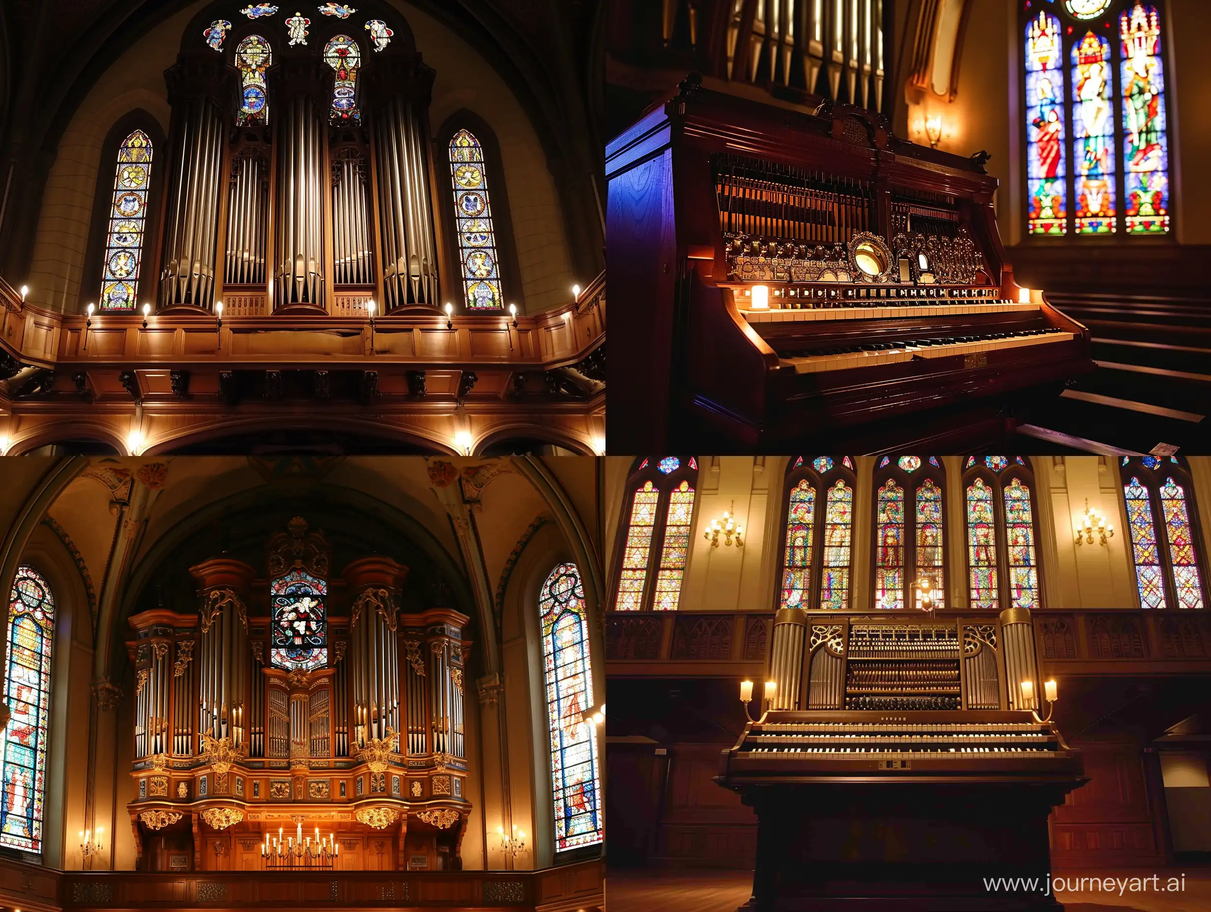 Elegant-Organ-Performance-in-Candlelit-Concert-Hall-with-Stained-Glass-Windows