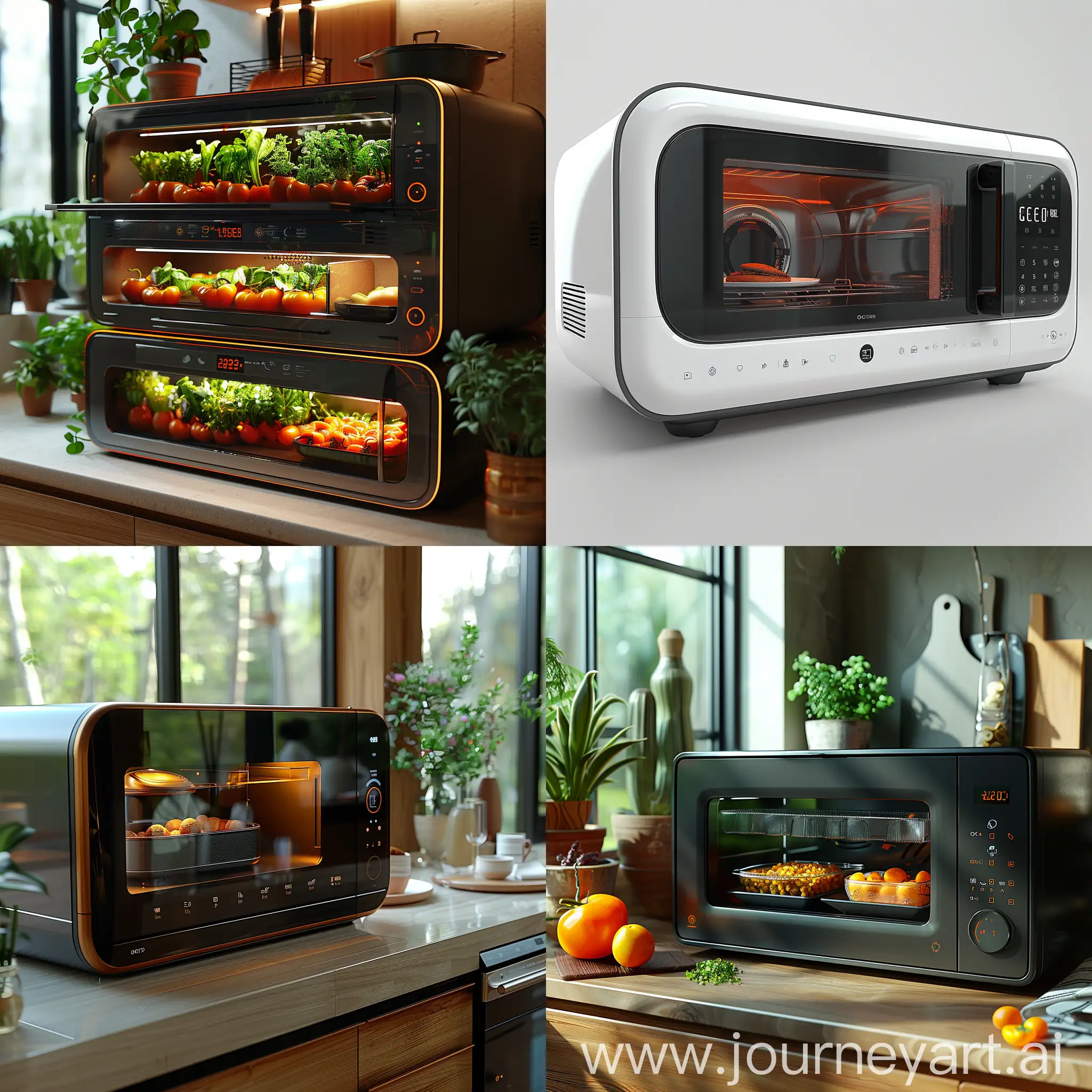 Futuristic microwave, futuristic features, Smart Reheating & Cooking, Voice Control, Virtual Chef Assistant, Self-Cleaning Interior, Built-in Food Scale, Smartphone App Connectivity, Nutrient Preservation Technology, Eco-Friendly Mode, Automated Meal Prep & Portion Control, Built-in Projector & Screen, octane render --stylize 1000