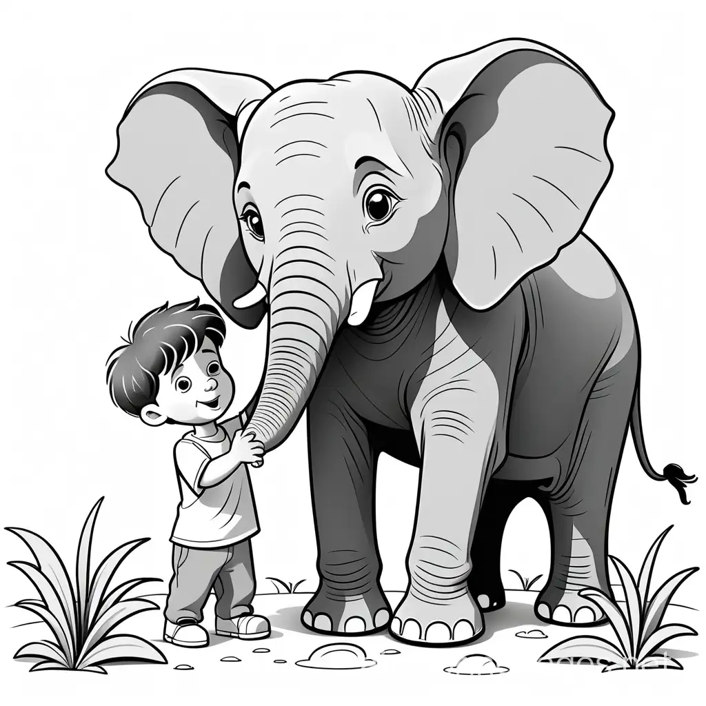 A boy play. With elephant. And. He loves. Them, Coloring Page, black and white, line art, white background, Simplicity, Ample White Space. The background of the coloring page is plain white to make it easy for young children to color within the lines. The outlines of all the subjects are easy to distinguish, making it simple for kids to color without too much difficulty