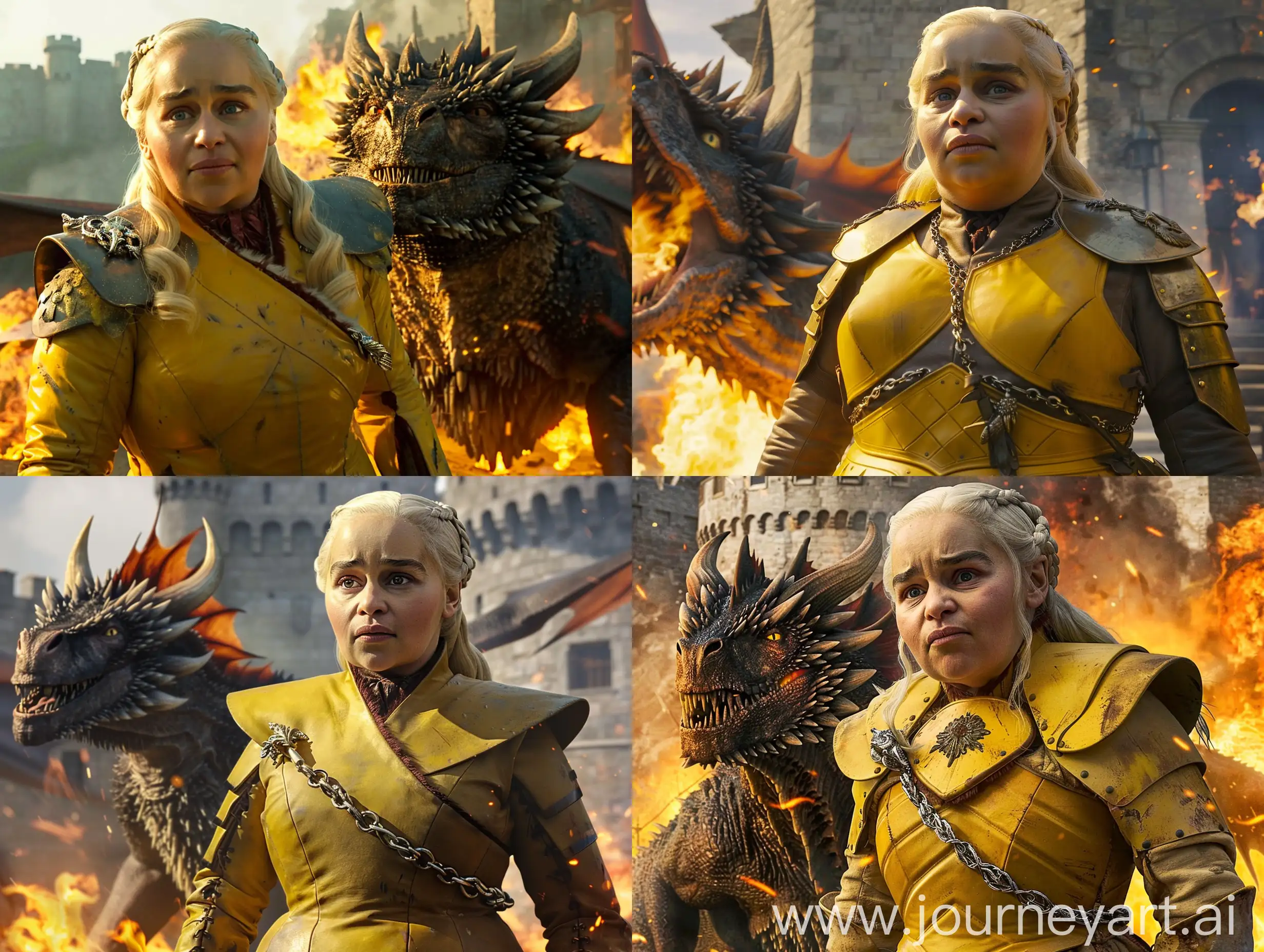 Daenerys Targaryen in the Game of Thrones series, Daenerys Targaryen is very fat and has a very fat face and body, Daenerys Targaryen is wearing yellow military armor, Daenerys Targaryen is standing next to her dragon (the name of the dragon is a dragon), Daenerys Targaryen and Dragon by surrounded by flames, the background is Winterfell Castle, Daenerys Targaryen looks at the camera with a determined expression, the lighting is classical, q2