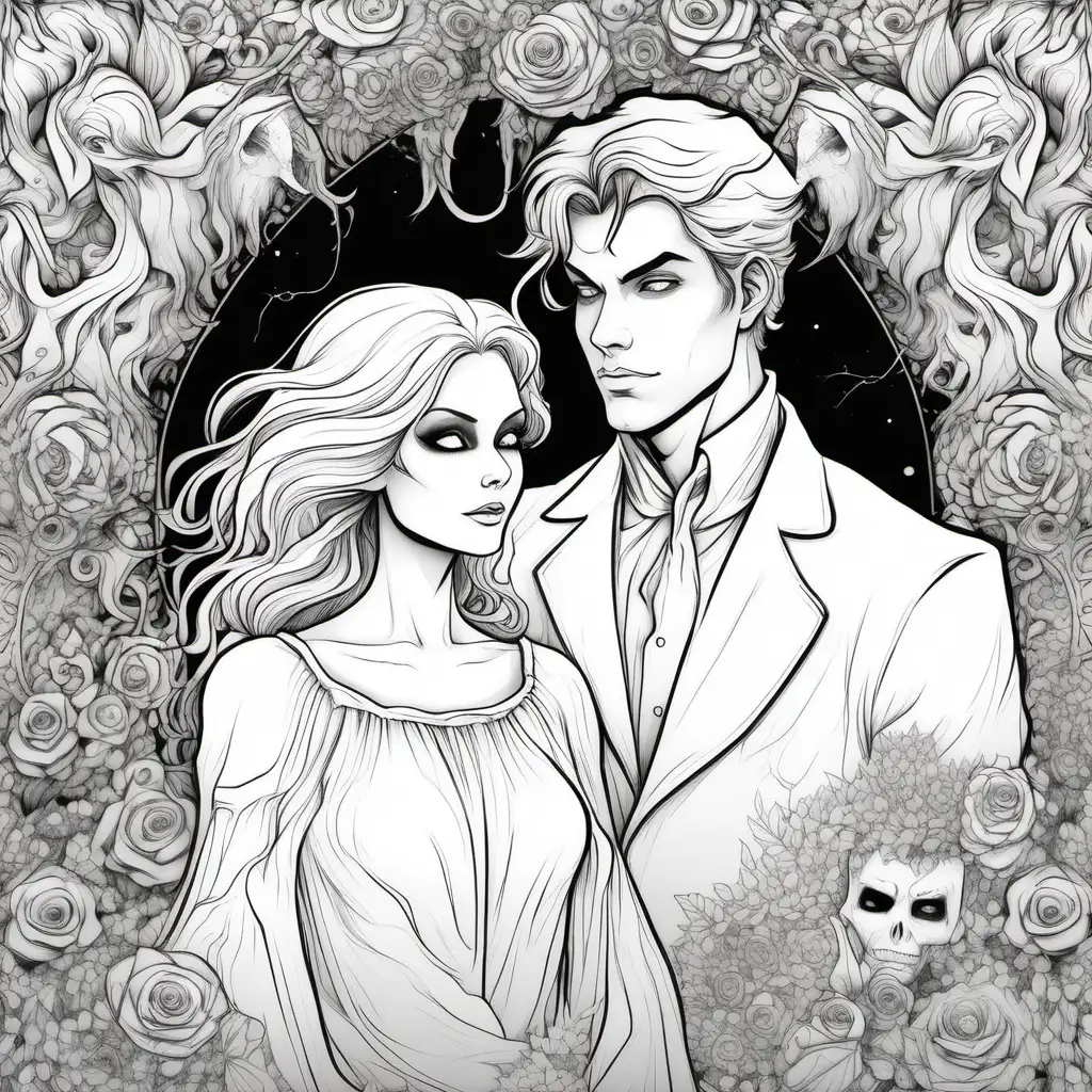 black and white drawing of all in white for coloring of pretty ghost woman and handsome young man in love and all in white for coloring 
