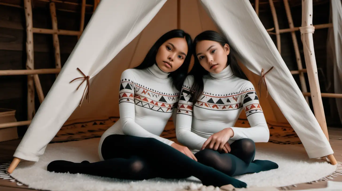  slender native american girls in a teepee in the winter wearing longsleeve turtleneck leotards and black tights cuddling.