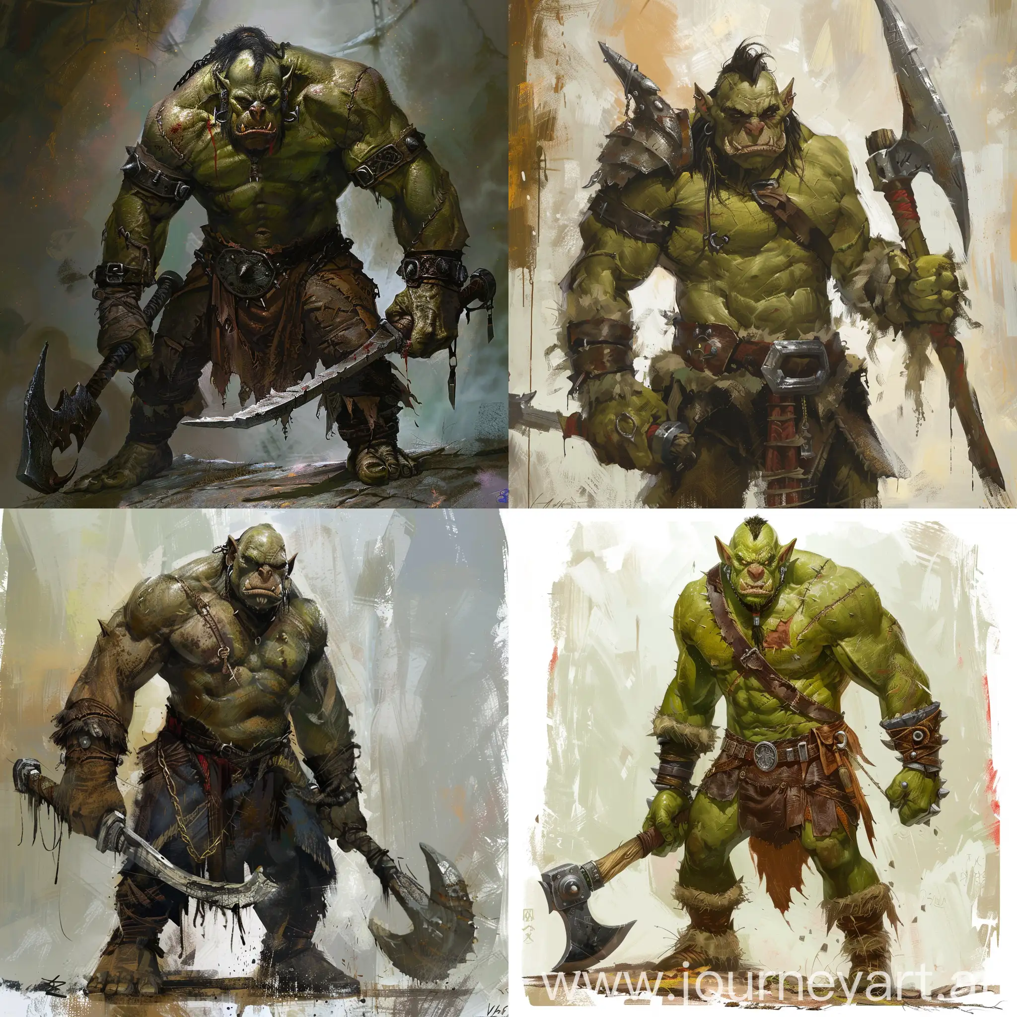 Orc, formidable appearance, 2 axes, art, young, skinny