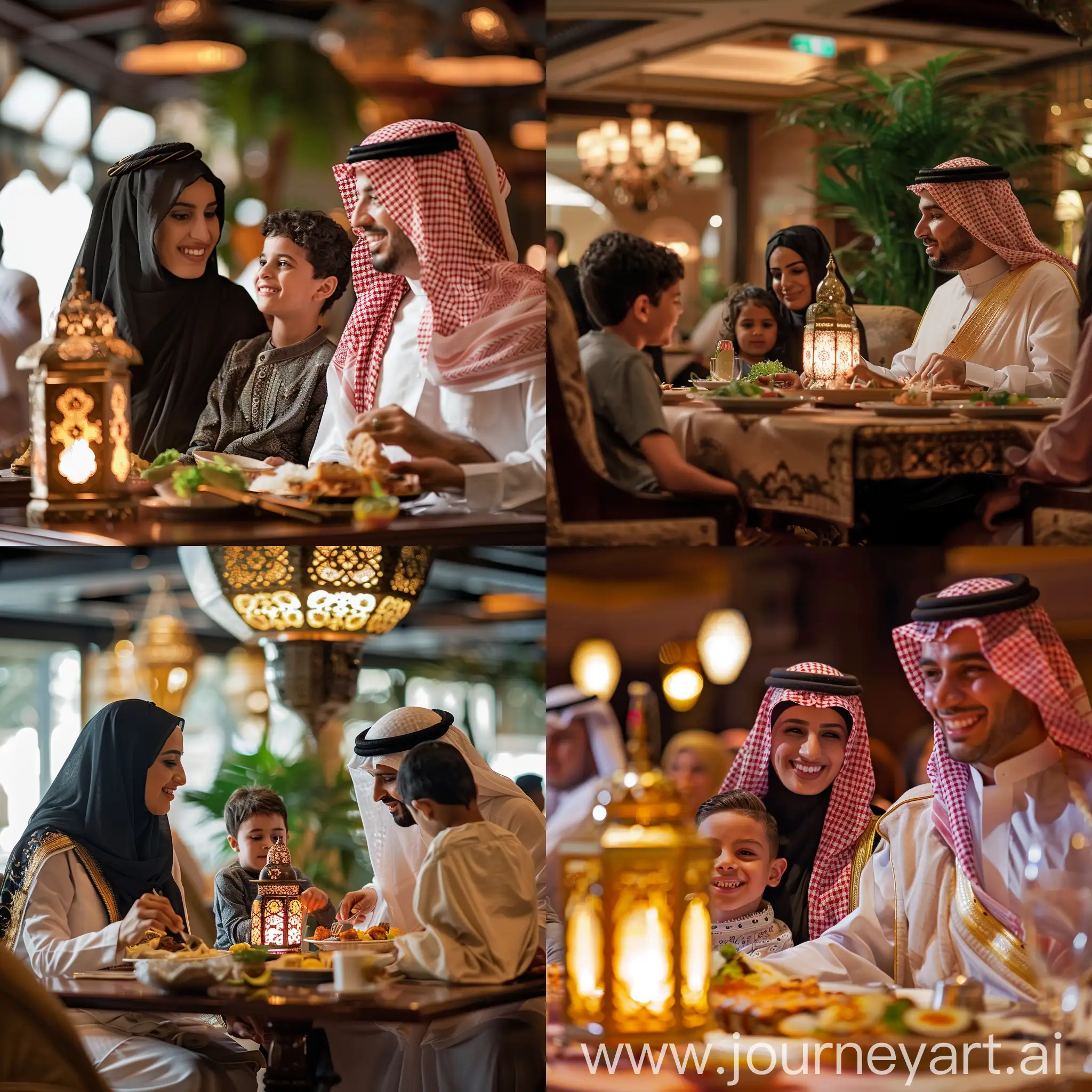 عائلة عربية سعودية تجلس في مطعم لتناول وجبة الافطار لرمضان بوجود فانوس رمضان على الطاولة 