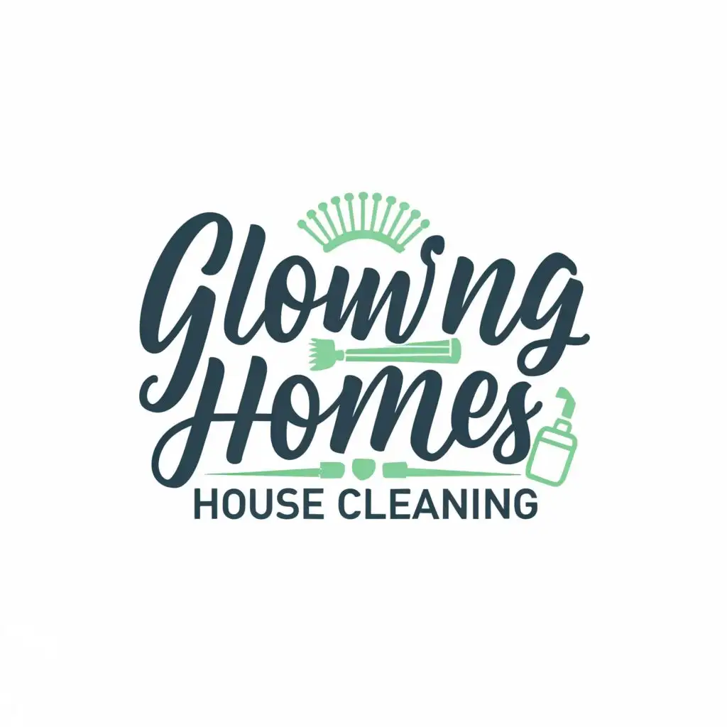 a logo design,with the text "Glowing Homes House Cleaning", main symbol: with fancy lettering and cleaning supplies like broom, mop, vacuum, sray bottle 
Bright Bluish Green, script, fancy, classy, women, pink,girly, girl boss, pretty, simple, clean, detailed,Minimalistic,be used in Beauty Spa industry,clear background