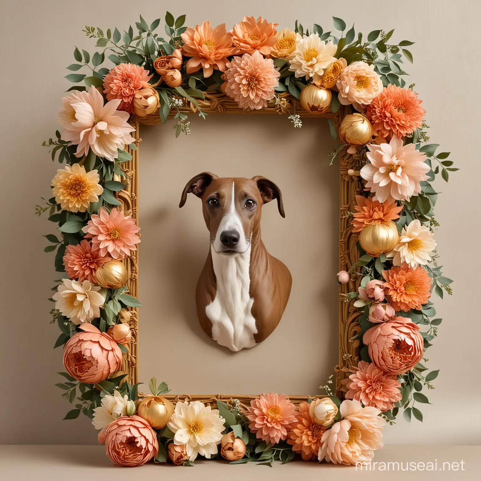 An oval gold picture frame with carved in flowers, draped in garlands of eucalyptus leaves and flowers, hellebore flowers, peony flowers and dahlia flowers. A bust of a brindle colored greyhound surrounded by chinese paper lanterns is inside the frame. Add chinese paper lantern garland hanging from the frame.