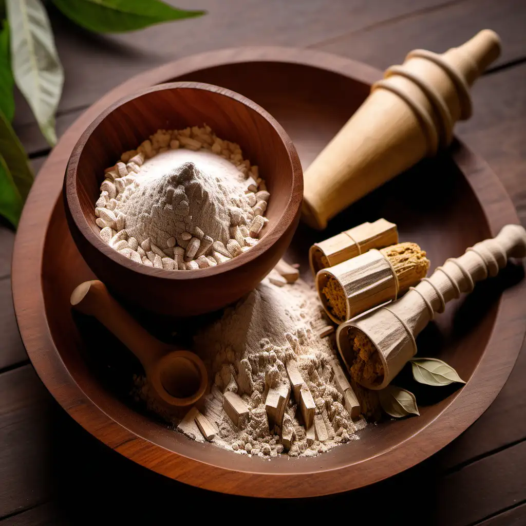 Ashwagandha herb kept in a ayurvedic setup and it's powered form next to it in a wooden bowl with a wooden mortar and pestle next to it