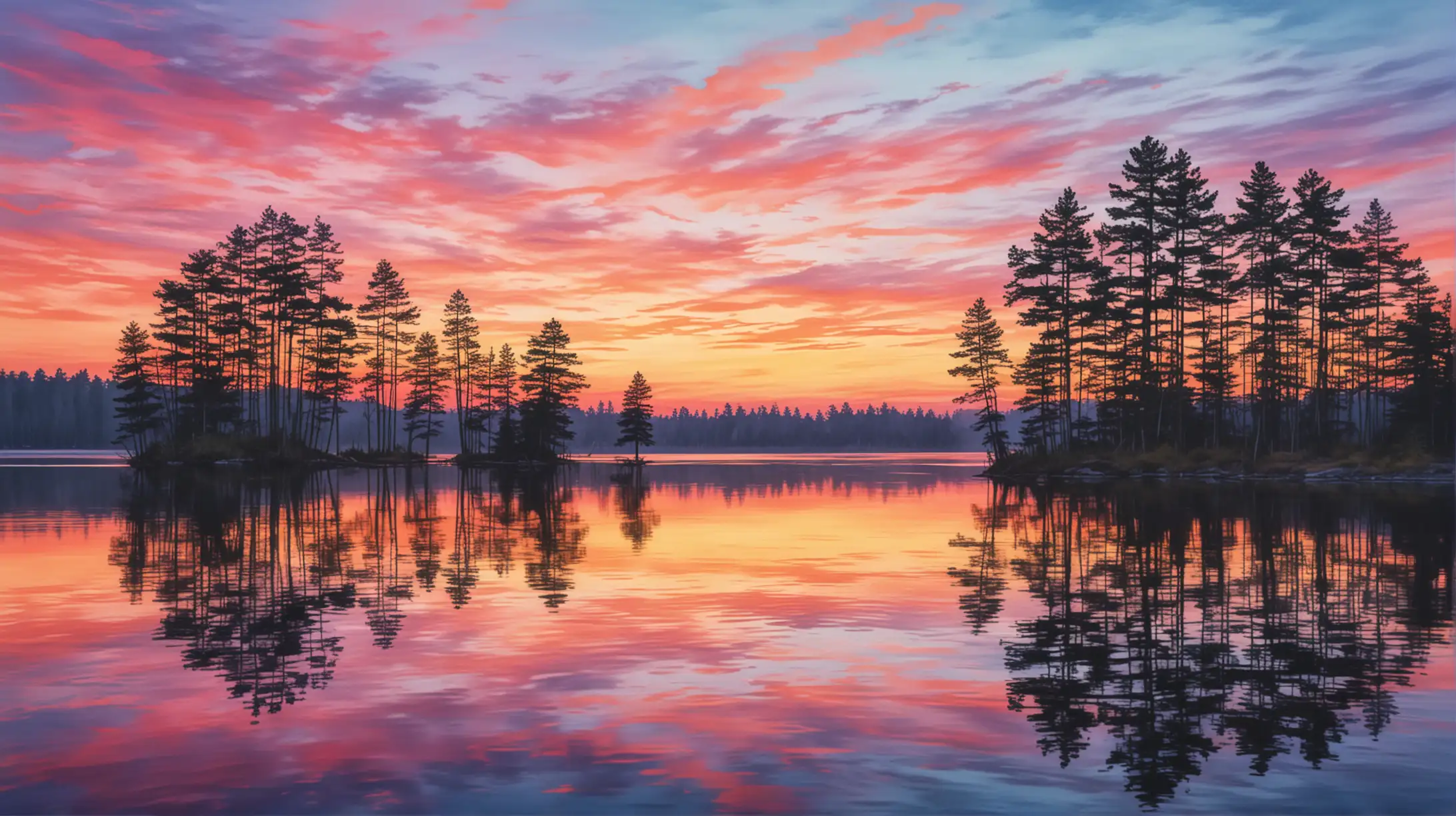 A serene sunset over a tranquil lake, with vibrant hues reflecting off the water. Water color style