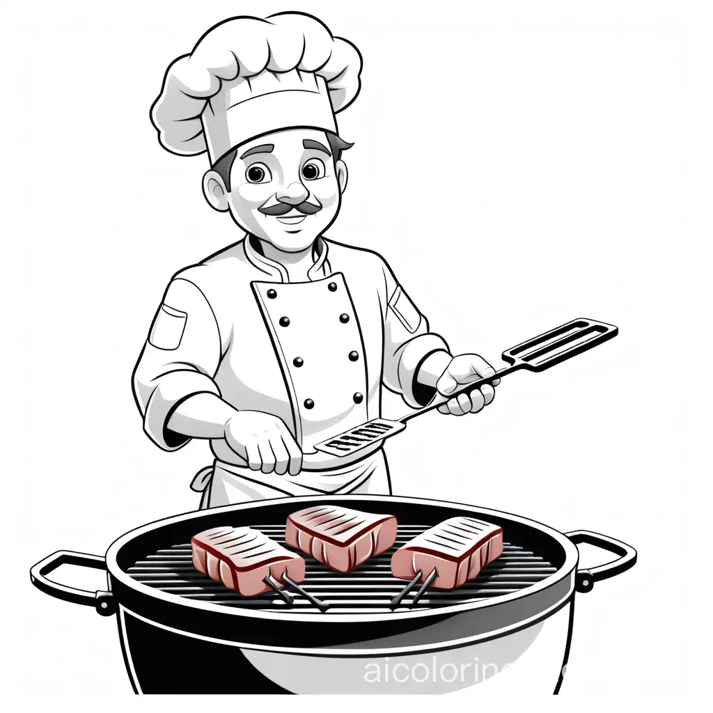 The chef grilling meat, Coloring Page, black and white, line art, white background, Simplicity, Ample White Space. The background of the coloring page is plain white to make it easy for young children to color within the lines. The outlines of all the subjects are easy to distinguish, making it simple for kids to color without too much difficulty