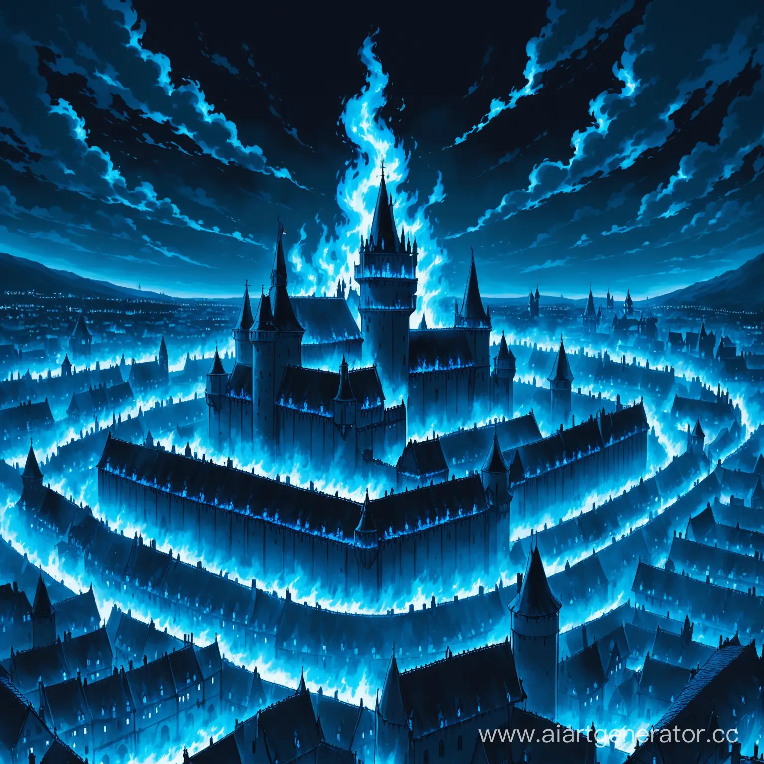 Средневековый город объятый синим пламенем