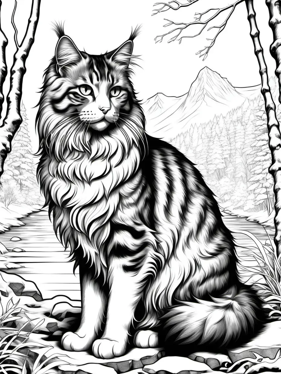 Generate an intricate and detailed coloring page for adults featuring a full body Norwegian Forest breed cat as the main subject. Emphasize the distinctive characteristics of the cat breed. The Norwegian Forest Cat has a large, well-proportioned body with a sturdy bone structure. Its head is triangular in shape, with a straight nose and high cheekbones. The ears are medium-sized, tufted, and have lynx-like tips. The eyes are large, almond-shaped, and can come in various colors, adding to the cat's expressive and intelligent appearance. One of the most distinctive features of the Norwegian Forest Cat is its long, flowing double coat. The fur is thick and water-resistant, consisting of a soft, dense undercoat and longer guard hairs on top. The coat forms a ruff of fur around the neck, and there are tufts of fur on the ears and between the toes. The tail is bushy and tapers to a rounded tip. This breed often exhibits a variety of coat colors and patterns, reflecting the natural diversity found in its ancestral forests. The Norwegian Forest Cat's coat is well-suited to colder climates, and its tufted ears and thick fur contribute to its wild and untamed appearance. Known for their friendly and gentle nature, Norwegian Forest Cats are often associated with Norse mythology and folklore. Ensure that the image is in simple black and white, coloring book style. The 2D image should be detailed and intricate, filling the entire page with strong ink lines. Tailor the design for adults seeking a stress-relieving coloring activity. Incorporate a background that reflects a traditional Norwegian scene, invoking Norwegian culture and heritage. The cat should wear a collar with a Norwegian motif.