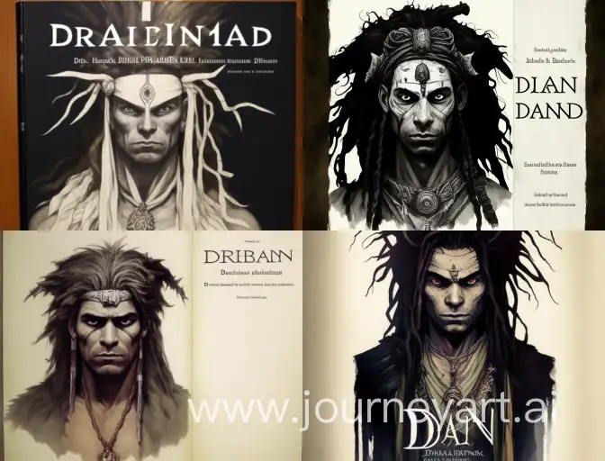 1970's dark fantasy book cover paper art dungeon and dragons style drawing of male white tribal young shaman with dreadlocks  and covered with fabric  face  with minimalist far perspective 