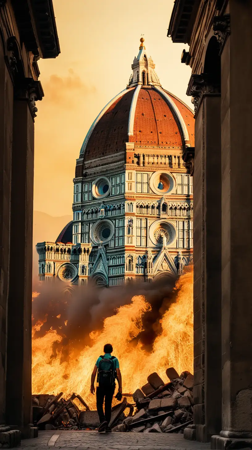The city of Florence (Italy) on fire. We can see a man with a backpack walking alone among the ruins.