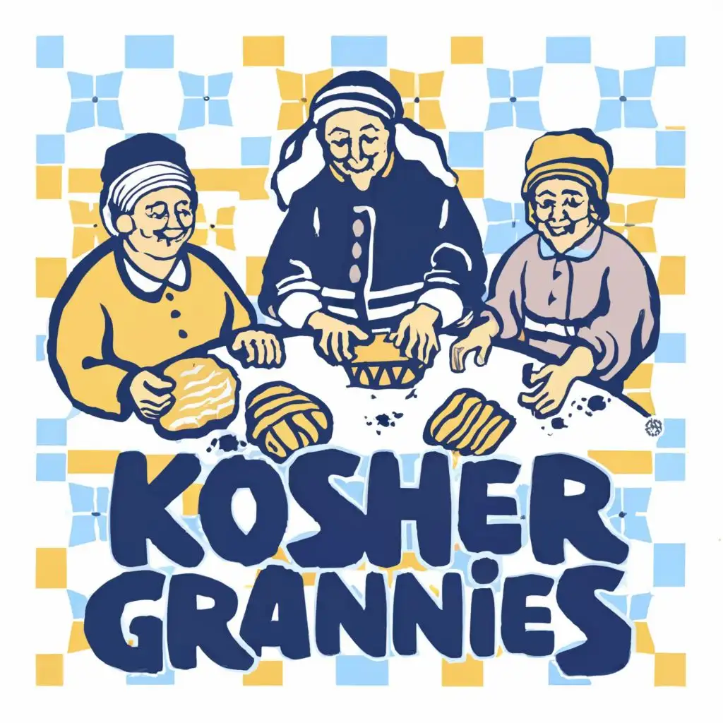 logo, Israel, yellow, blue, white, red, Jewish orthodox grannies cooking challah, Paul Klee, with the text 'Kosher Grannies', in Portuguese tiles, typography, be used in Automotive industry