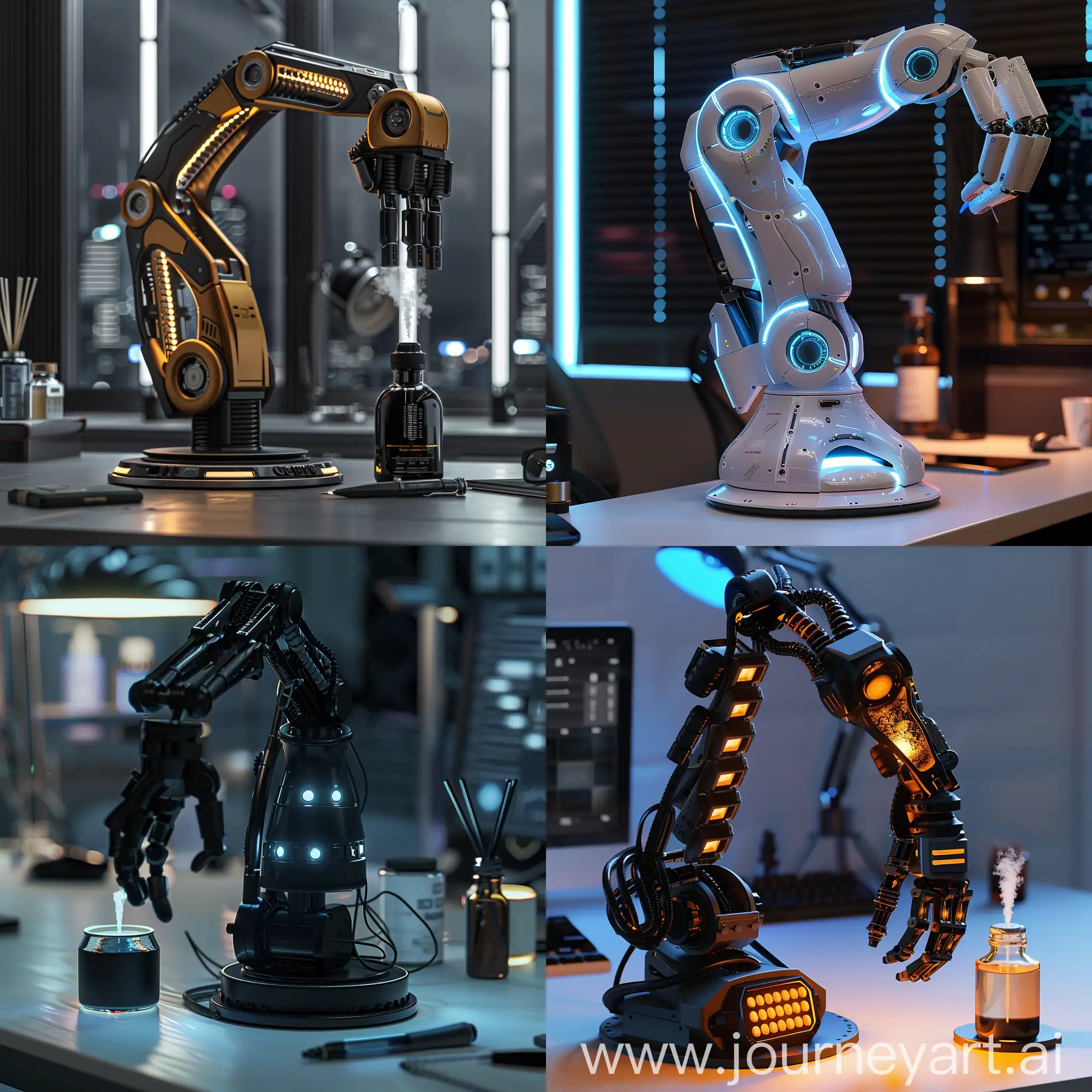 Create product design for my business, create a industrial robotic arm theme,desk light and aroma diffuser, it should be realistic, futuristic,simple, creative innovative design, it should be scifi,cyberpunk,