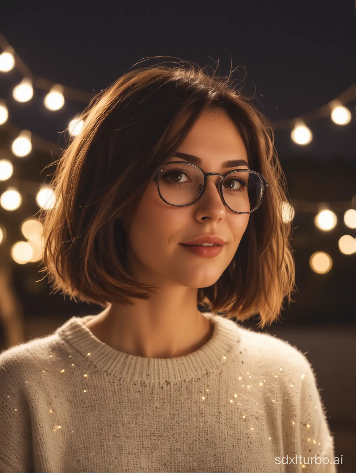 a very beautiful 27 year old girl in a sweater with lights in the open air with soft, angular bob hair with specs