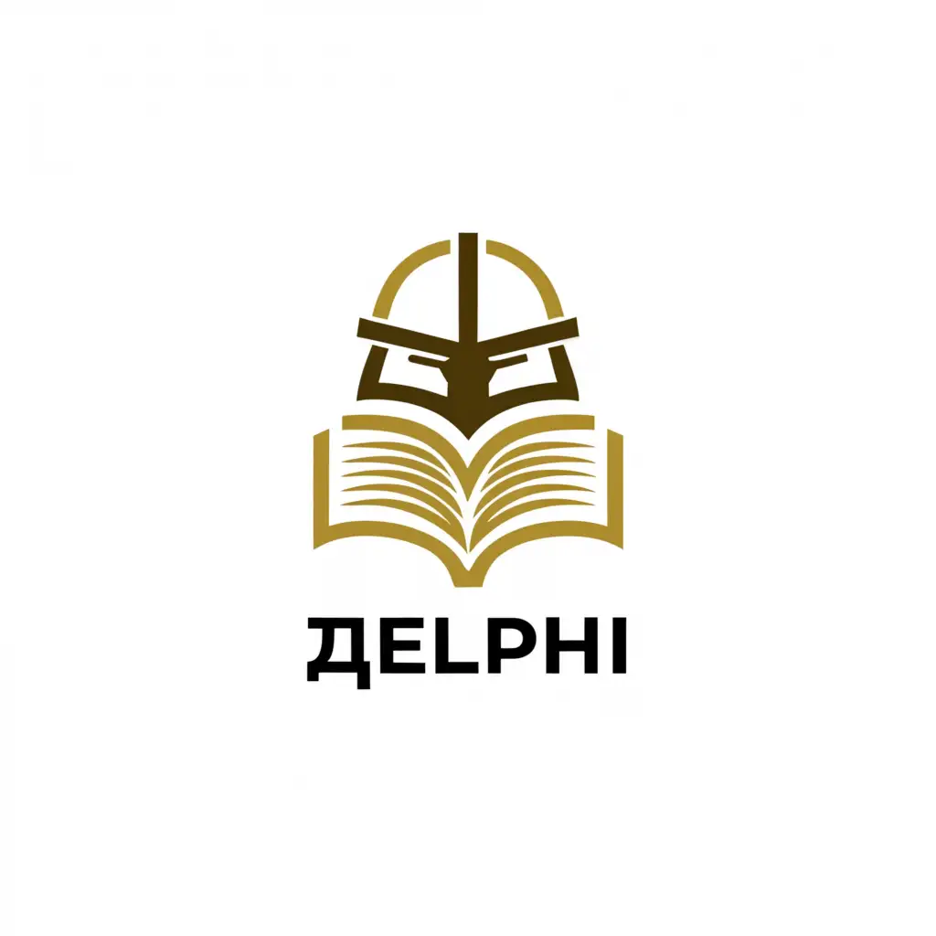 a logo design,with the text "D E L P H I", main symbol:gladiator helmet, book,Сложный,be used in Образование industry,clear background