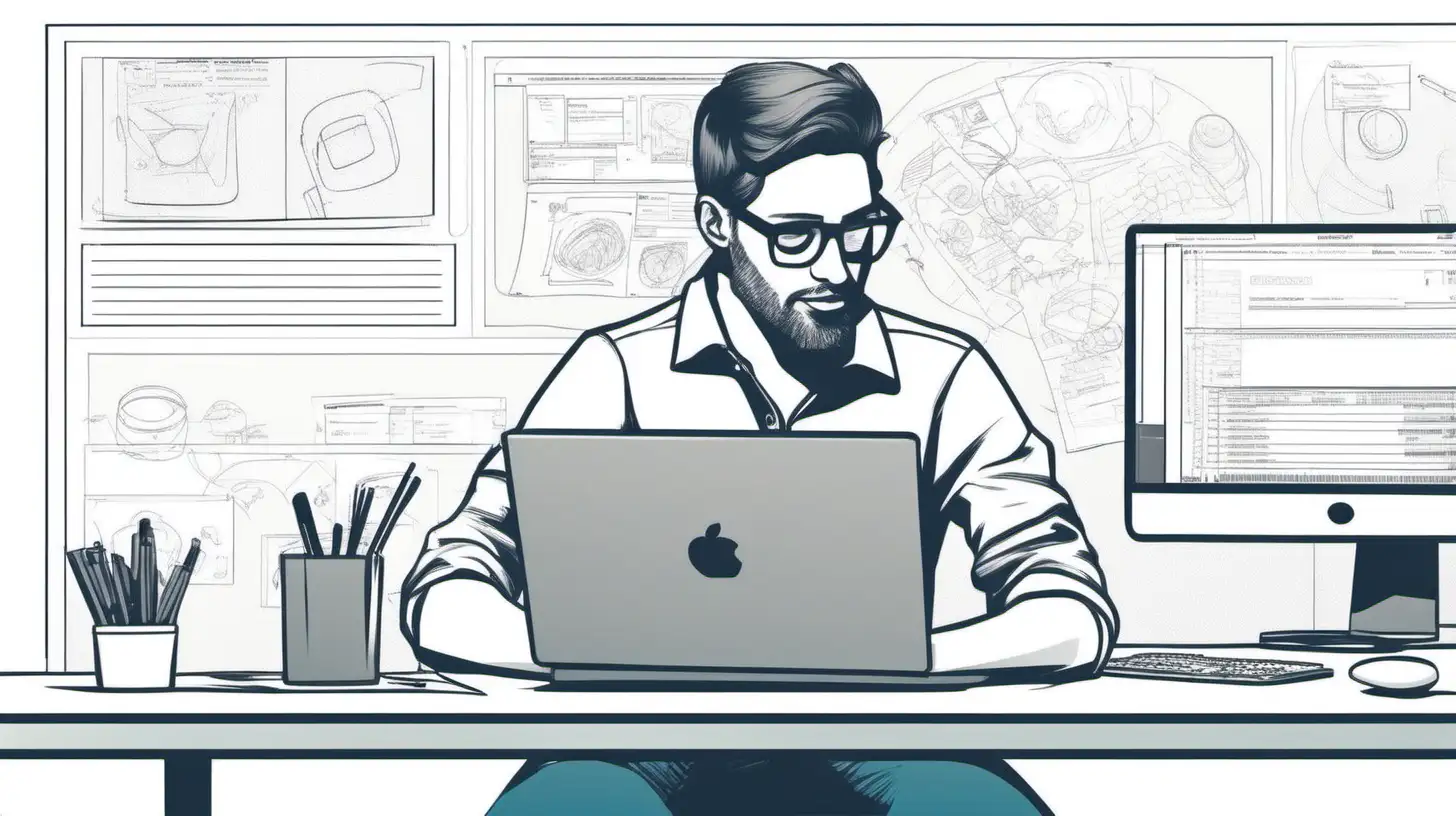 Create an illustration of 1a male user experience designer, at work.