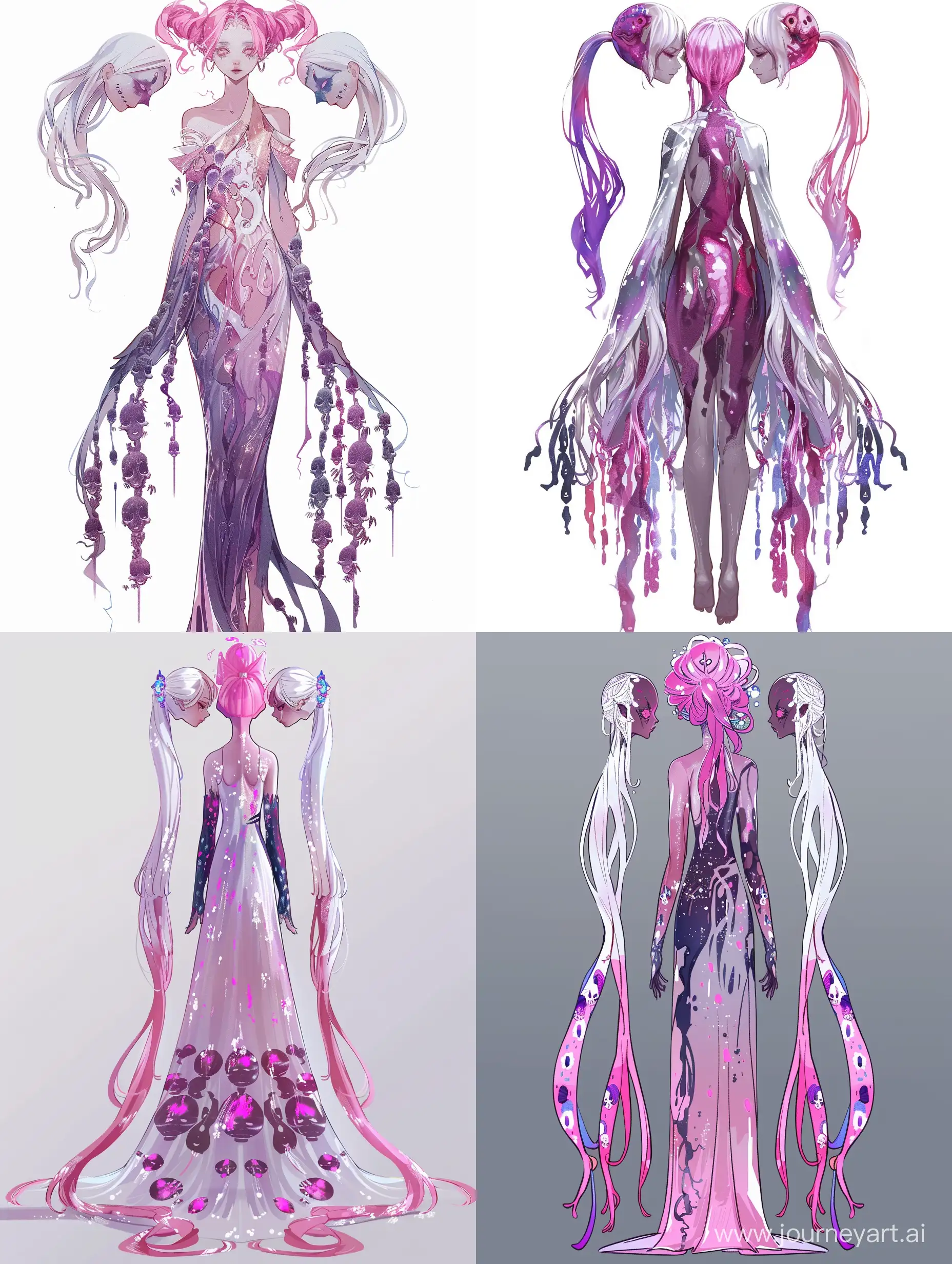 Made in a good-looking creative art style, semi-realism, or anime. With horror motifs.

Create an OC with : pink, purple, white color pallet. She has one body, but three twin heads sharing one neck, like Siamese twins, tall, wears a semi-transparent shiny dress with many prints in the shape of spirits-like faces at the end. One head has pink hair, the second head has white hair, the third head has purple hair.
