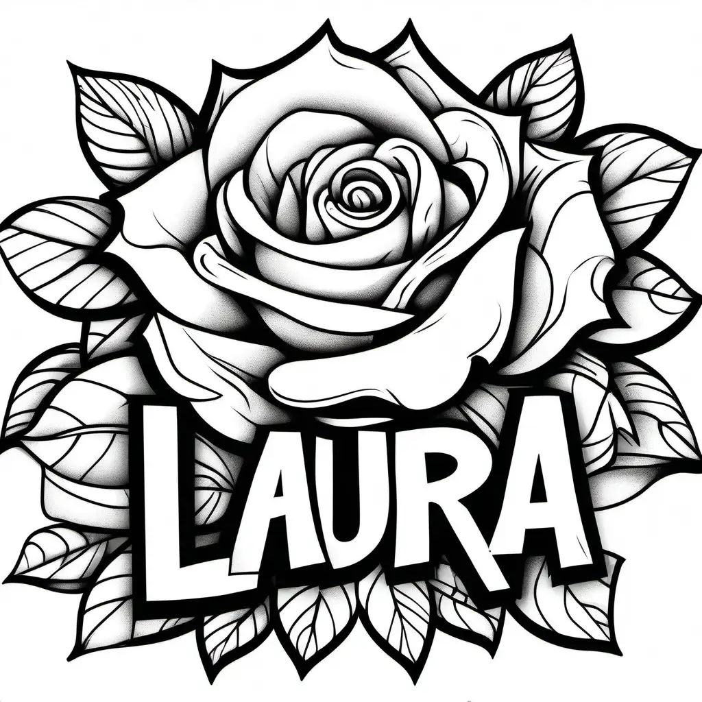 Create a graffiti colouring page, all white , black outline, no colour, with a bloomed rose behind the word Laura written clearly, no shading, low detail, white background , colouring page graffiti art style
