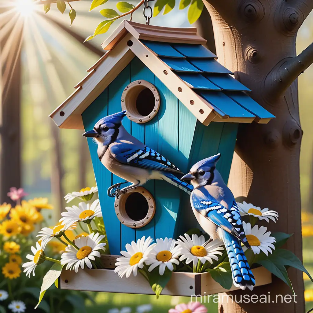 Beautiful detail fancy bird house, spring day, sun rays, blue jay, daisies