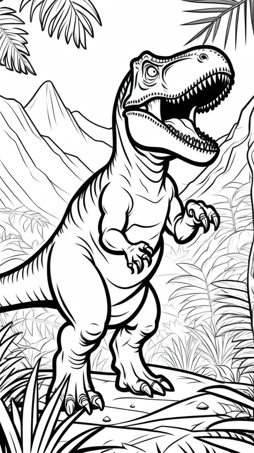 Dinosaur Coloring Page Tyrannosaurus Rex in Jungle Cartoon Style for Kids