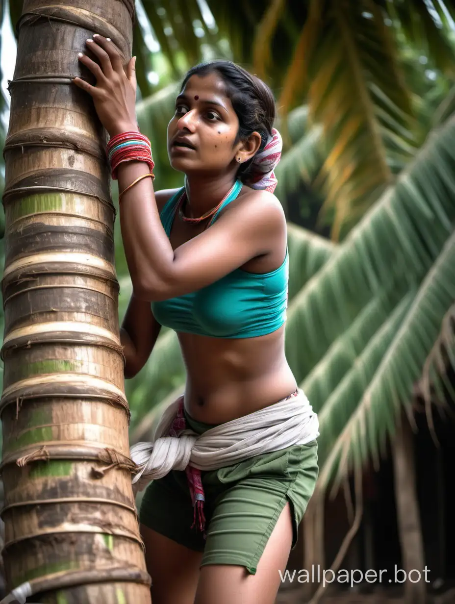 28 years old Indian woman, low cut top, shorts, scarf covered face, braided hair, climbing at middle of coconut tree, village, bulk size body, side angle shot