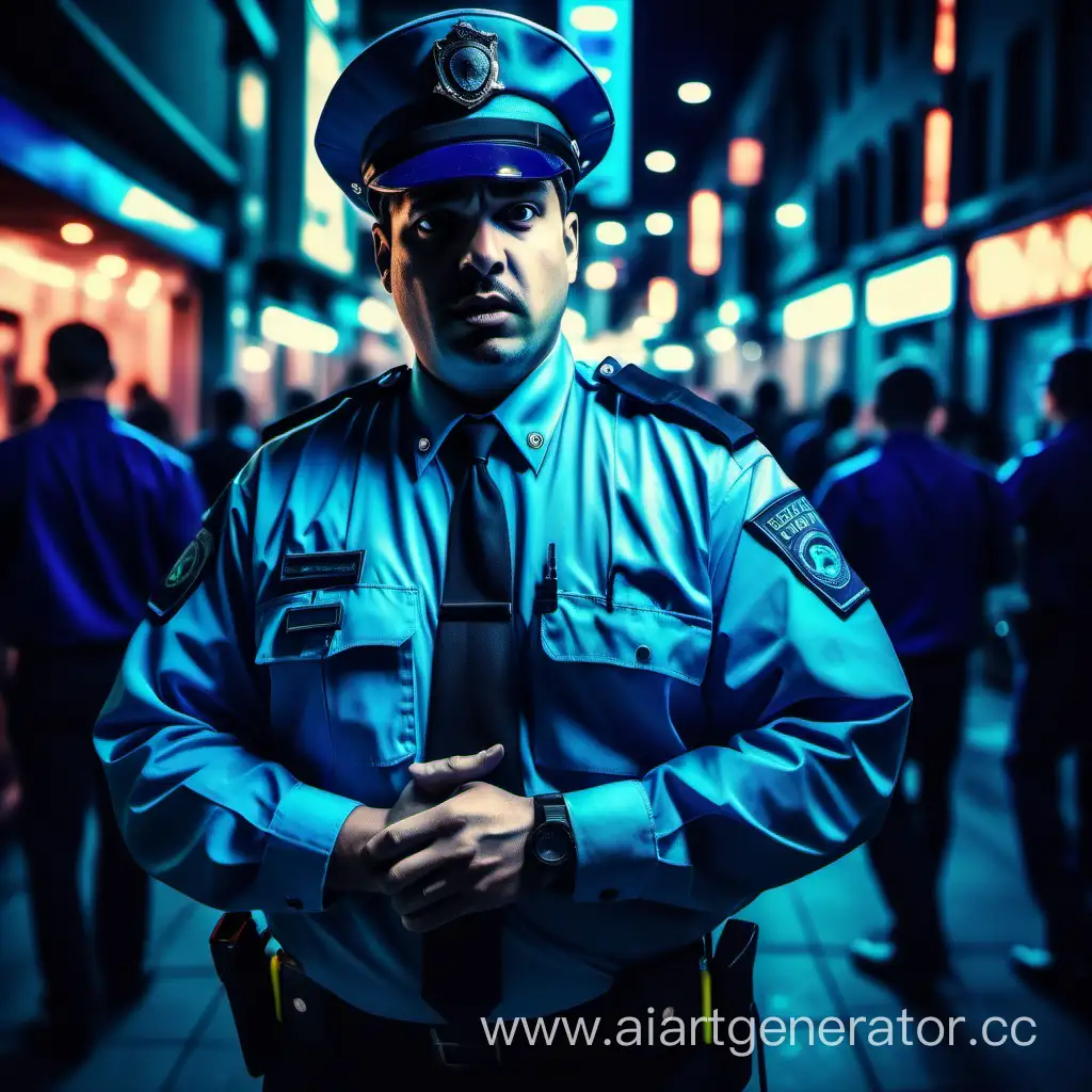 a security guard experiencing severe stress in a busy, crowded environment, maintaining composure, background: dark blue , royal blue, turquoise, bright neon. friendly, laid-back, funny, bold, loud