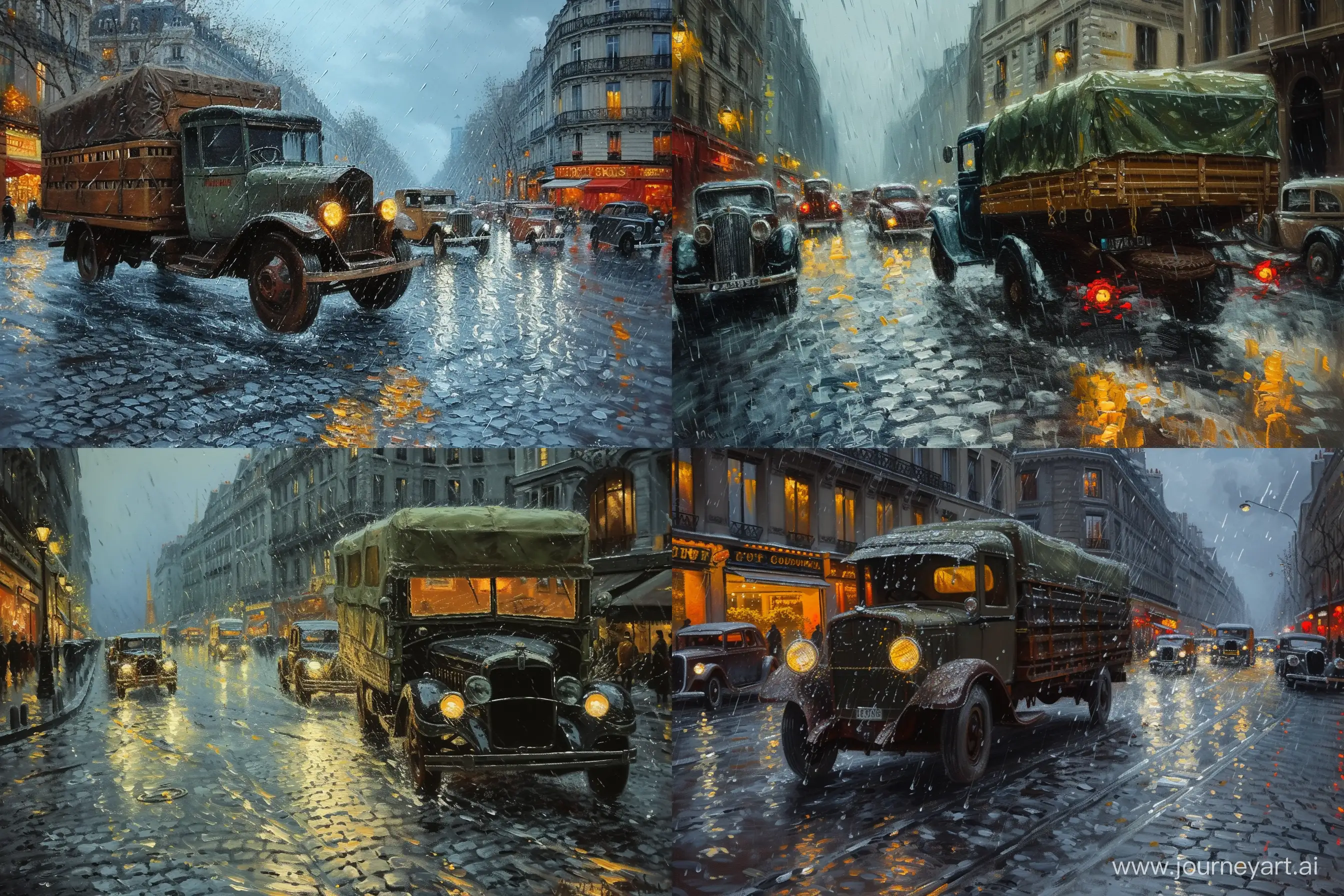 An oil painting of an old truckfrom the 1910s on the cobblestone streets of Paris in the 1930s, under very heavy rain, and vintage cars with their lights on, in a baroque style with intricate details, in the style of Frederic Soulacroix. --v 6 --ar 3:2