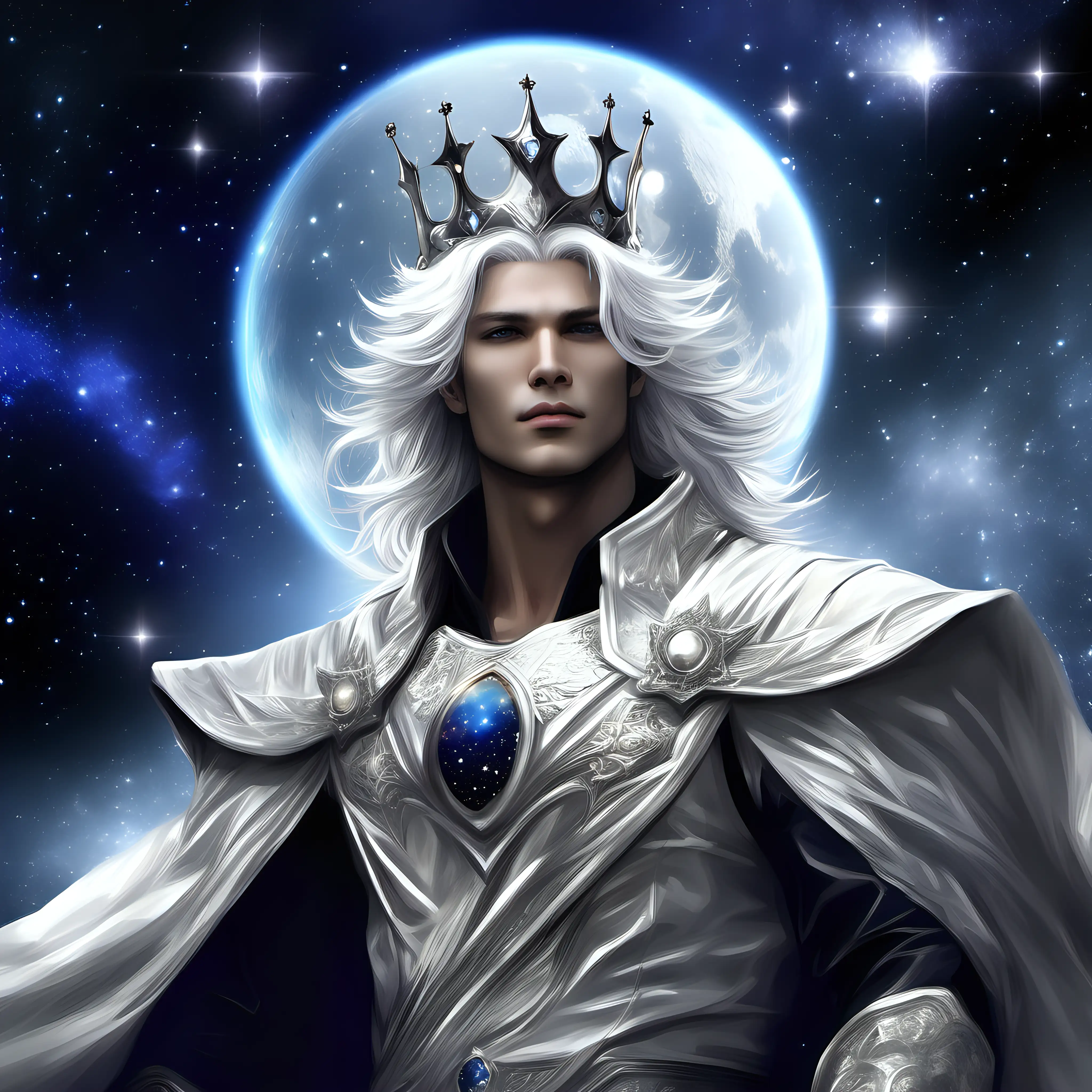 a powerful celestial being, crown prince, galaxy themed, crown of stars, cosmic, nebula, strong male, beautiful prince, mysterious, glalaxian prince, white hair, silvery skin, moon, photo realism