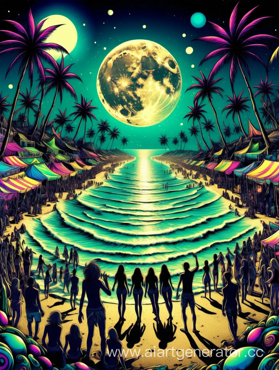 background for flyer, digital art, full moon view, beach party, people freaks dance, psytrance, psychedelic