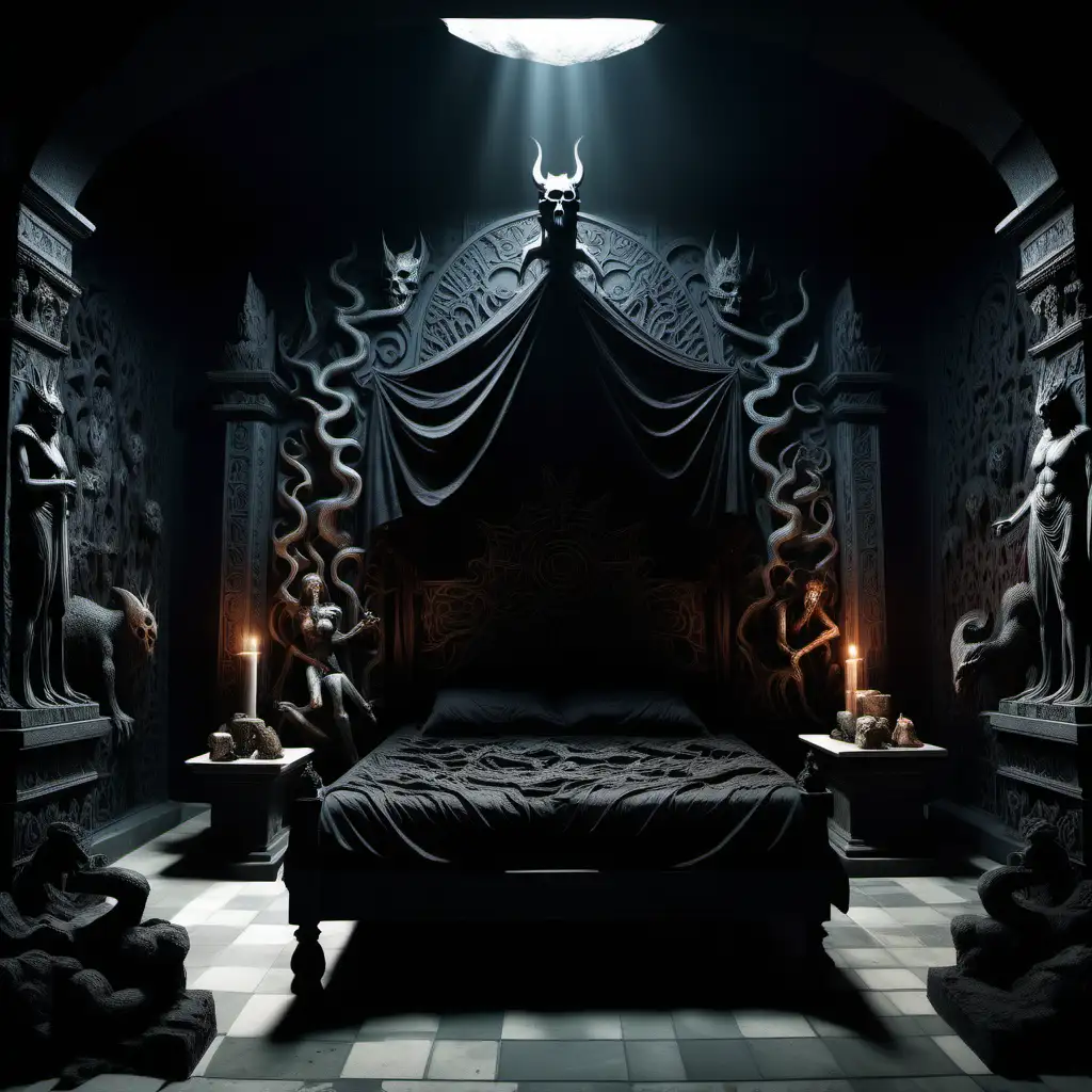 An image of a dimly lit chamber with stone walls adorned with intricate carvings of underworld creatures. A grand, black iron bed sits in the center, draped with rich, dark fabrics. Shadows dance eerily across the room, while the air is heavy with a sense of foreboding. At the foot of the bed, a throne-like chair made of obsidian stands imposingly, symbolizing Hades' authority over the realm of the dead. Style of Greek mythology