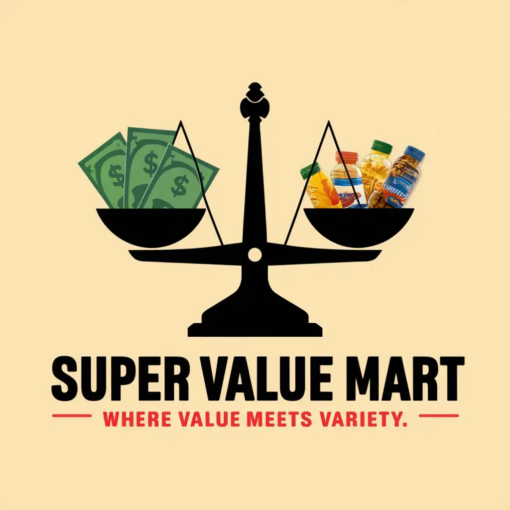logo, A weighing scale with money on one side and grocery products on the other side, tipping towards the grocery products side. The slogan is "Where Value Meets Variety", with the text "Super Value Mart", typography, be used in Retail industry