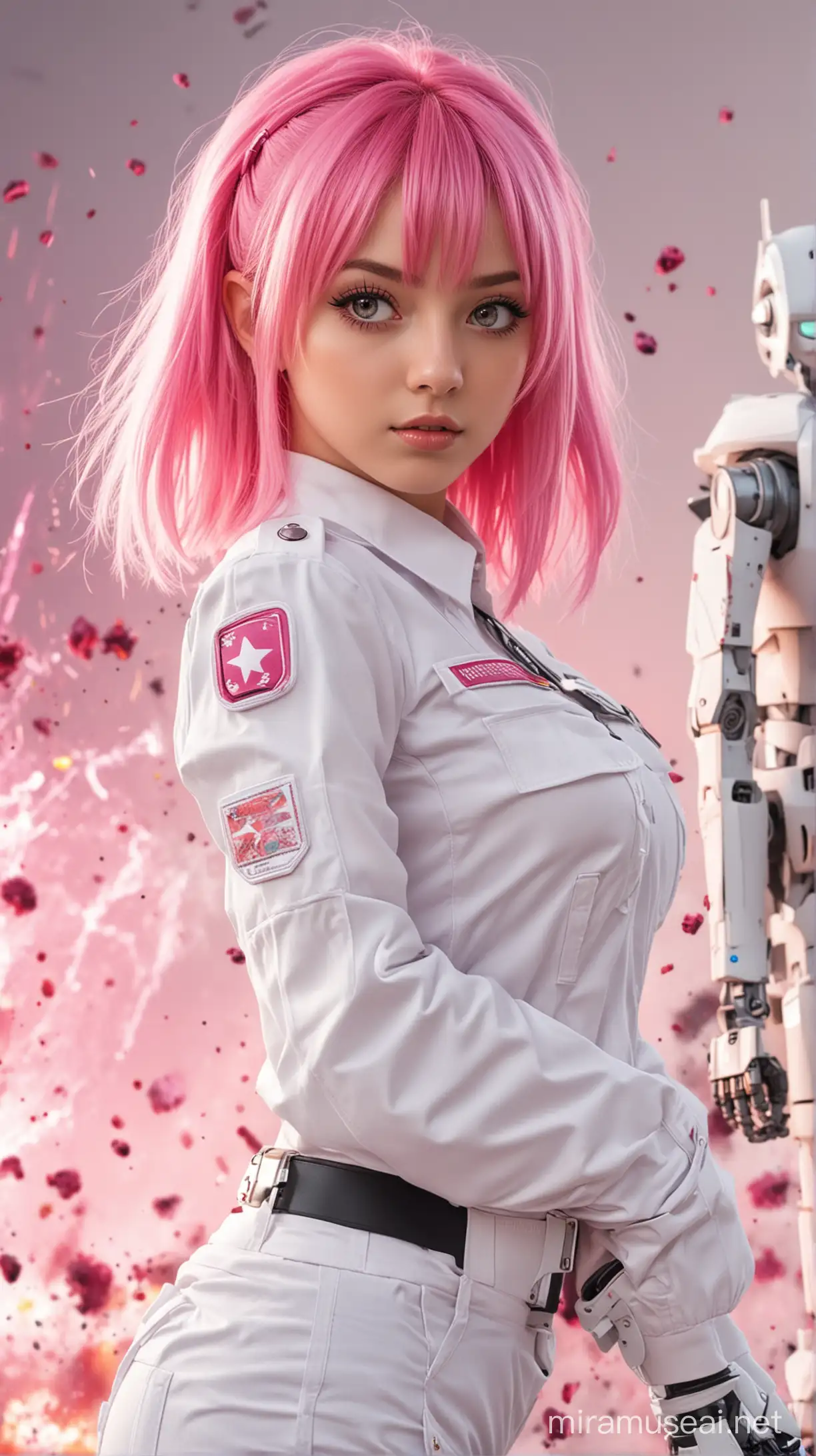 chica anime joven, 24 años, cabello rosa pastel, ojos fucsia, traje blanco de guardia de seguridad, con explosiones de robots atras.