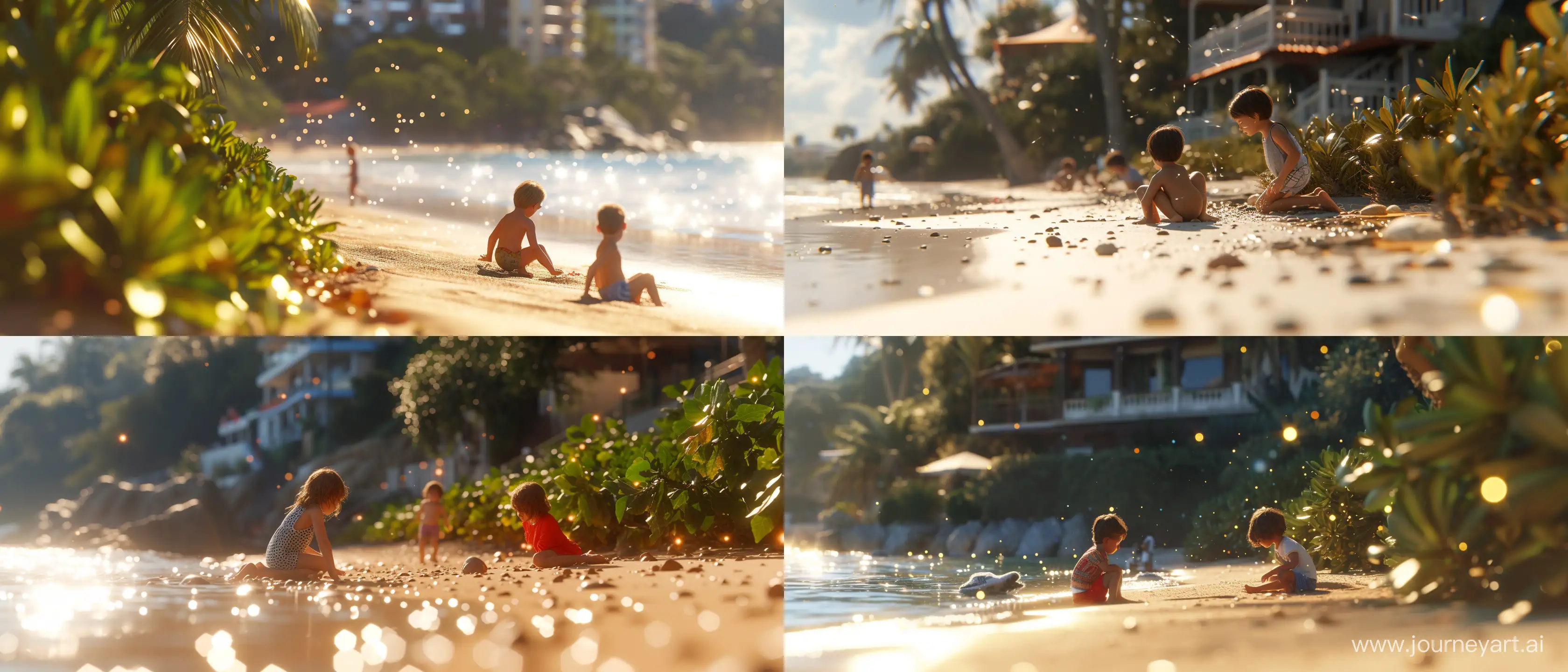 children playing on the beach next to vegetation and then buildings; sunny day; close up on some objects in the scene with advanced blurring techniques in specific parts of the 25 percent of the objects in close up and the other 75 percent of the objects in close up without blur and with absurd 32k detailed quality, these objects in close up must be with a slightly larger size; using all the graphic, lighting, design and scenery techniques of the most hyper-realistic and current animations of the last generation; Ray tracing at an absurd and exaggerated level; 32k; absurd details; advanced mirroring techniques; better CGI; advanced blurring techniques in some specific points; advanced lighting techniques; cinematic style; Blurred
 bottom; some points of blurred lights in different sizes present towards the bottom; small points of light throughout the image; Parts of the image and the parts that were not blurred with as much absurd detail as possible in 32k quality; --ar 21:9 --v 6.0