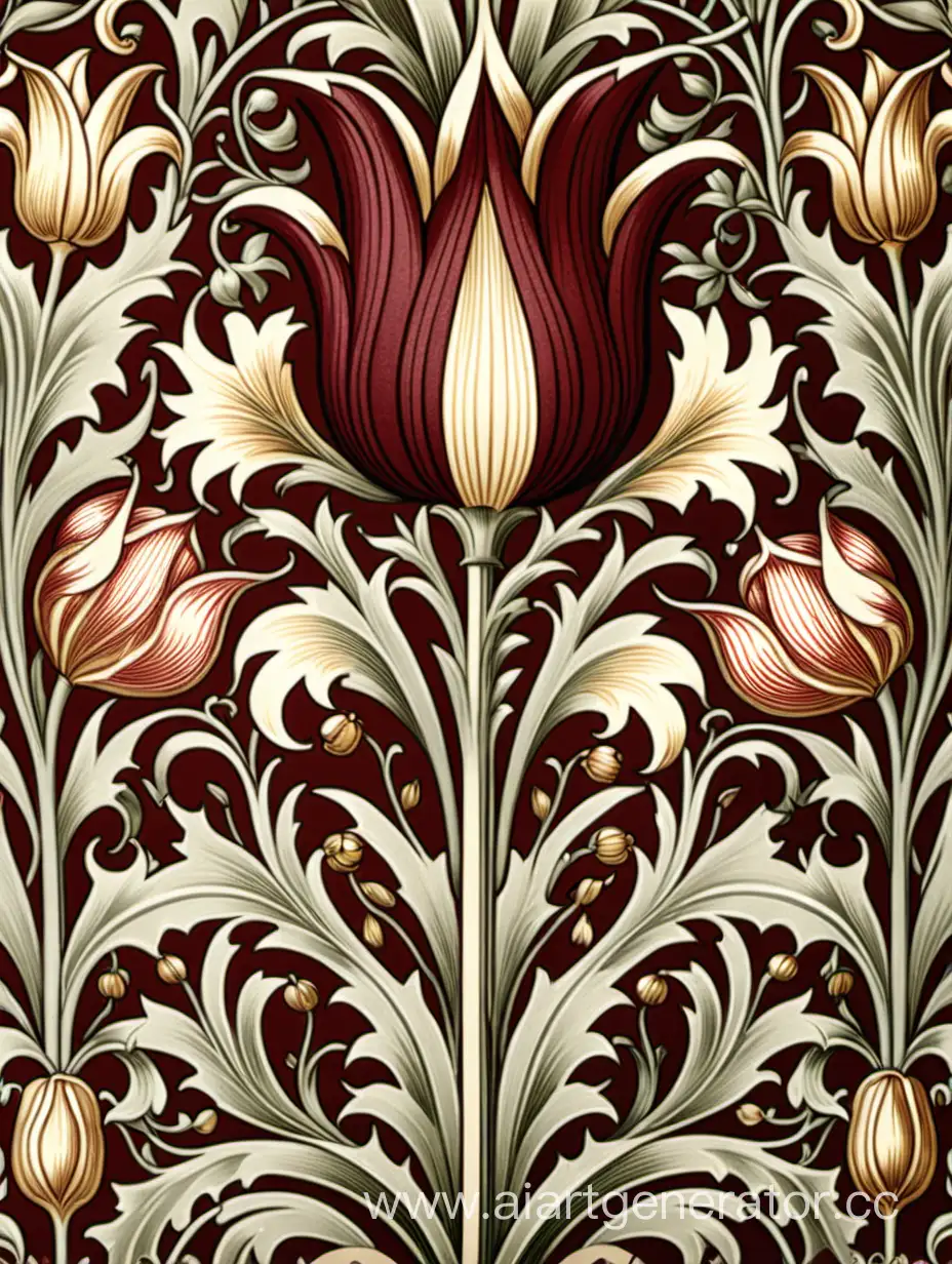 aesthetic, art nouveau, decorative, design, detailed, floral, historic, HQ, ornamental, pattern, retro, textile, vintage, wallpaper, William Morris tulip in maroon and gold colors