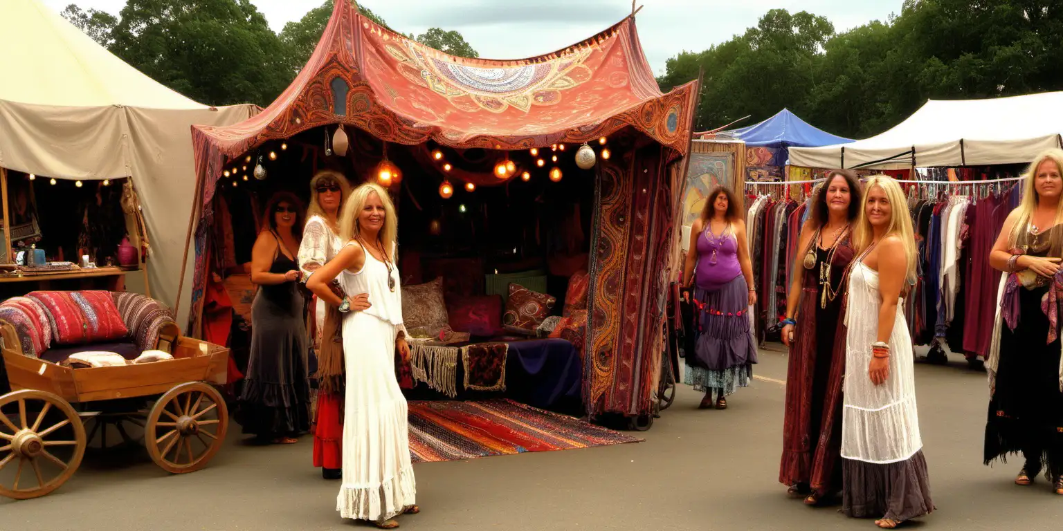 bohemian dreaming buy & sell group at a clothing market, , there is a gypsy wagon in the background