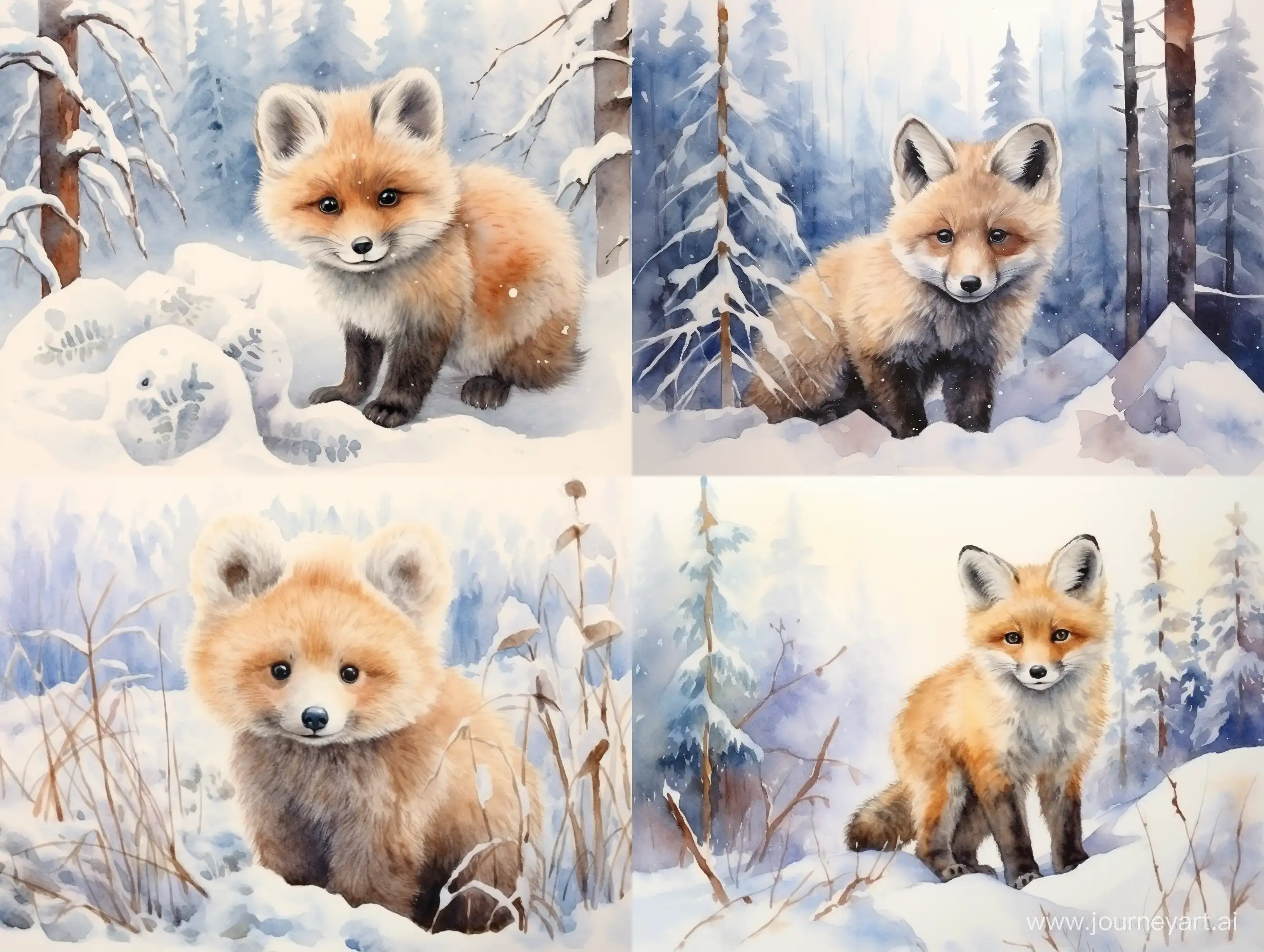 Adorable-Fox-Cub-in-Winter-Hat-Amidst-Watercolor-Winter-Forest