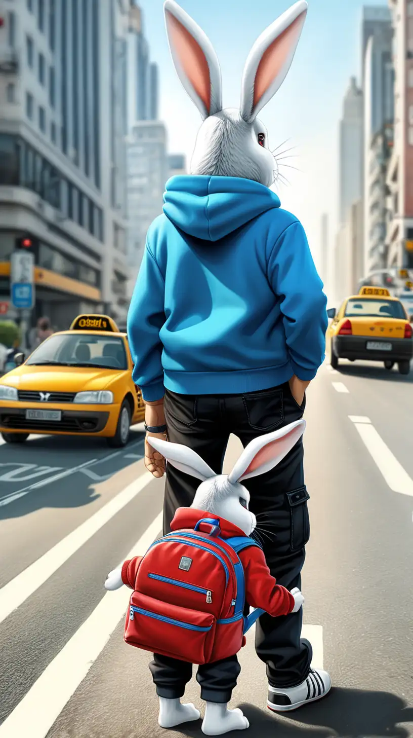 The father and son of Oren rabbits are very cute. Wearing a blue hoodie. carrying a red backpack. black pants. was standing on the side of the road. There was a taxi on the side. Far wide angle shot. Realistic format.